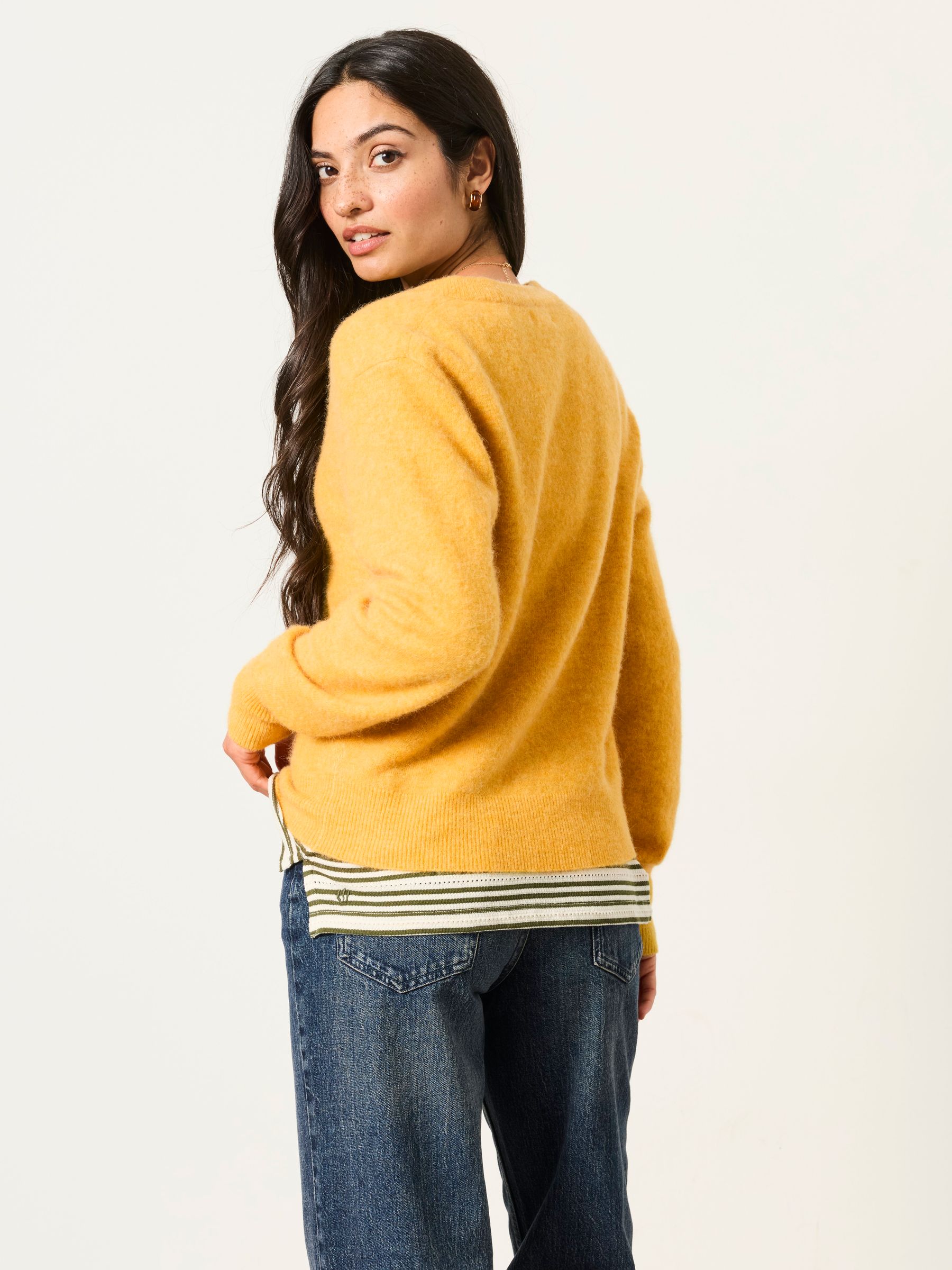 Halle Mustard Yellow Wool Rich Soft Knit Button Front Cardigan - Image 2 of 6 Halle Mustard Yellow Wool Rich Soft Knit Button Front Cardigan - Image 2 of 6