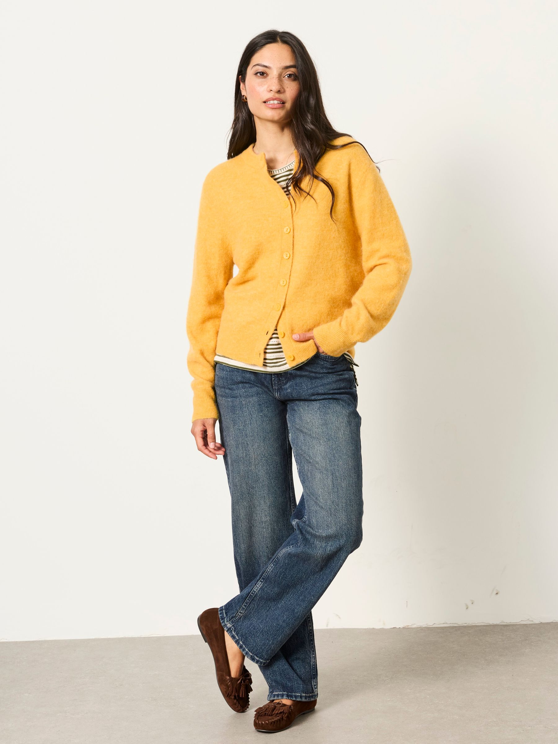 Halle Mustard Yellow Wool Rich Soft Knit Button Front Cardigan - Image 4 of 6