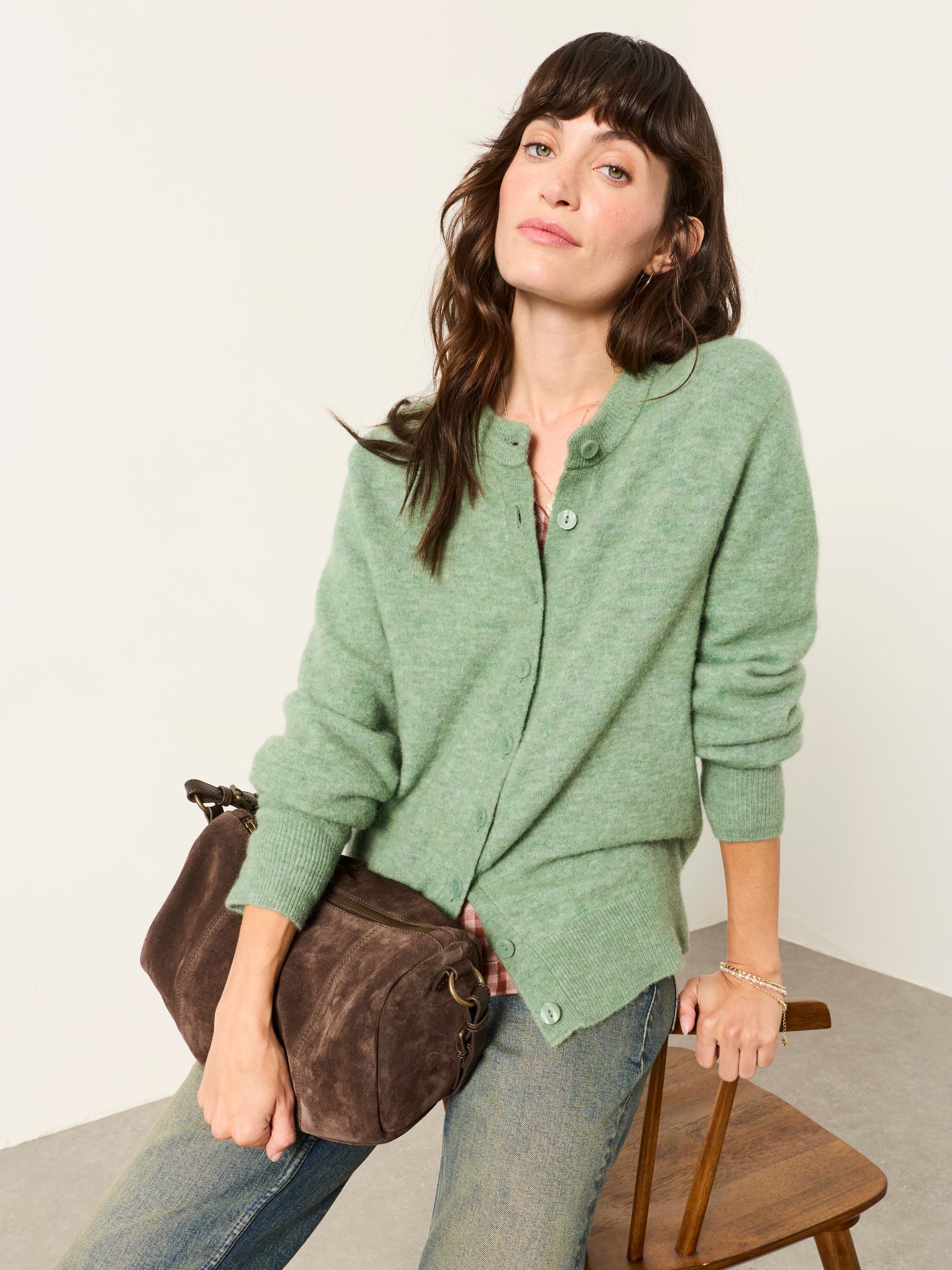 Halle Sage Green Wool Rich Soft Knit Button Front Cardigan - Image 1 of 6 Halle Sage Green Wool Rich Soft Knit Button Front Cardigan - Image 1 of 6