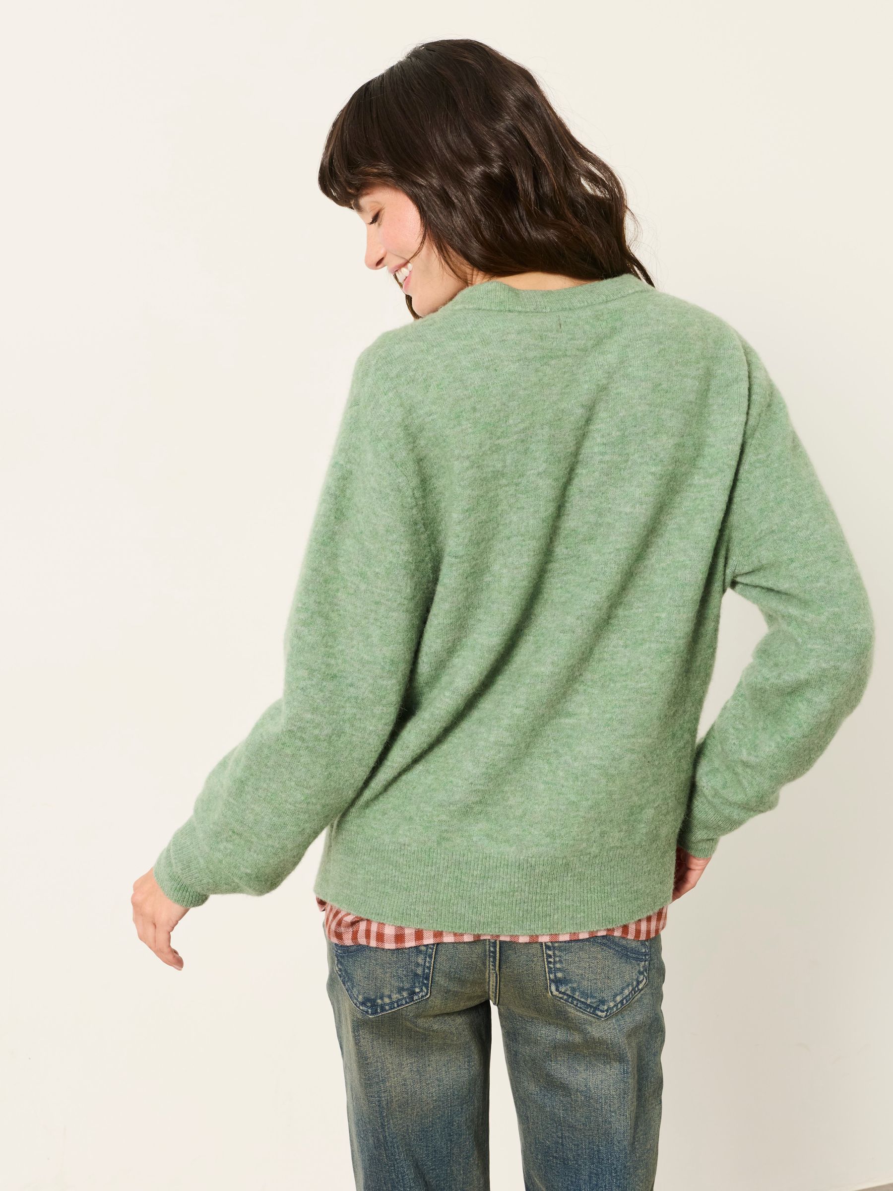 Halle Sage Green Wool Rich Soft Knit Button Front Cardigan - Image 2 of 6 Halle Sage Green Wool Rich Soft Knit Button Front Cardigan - Image 2 of 6