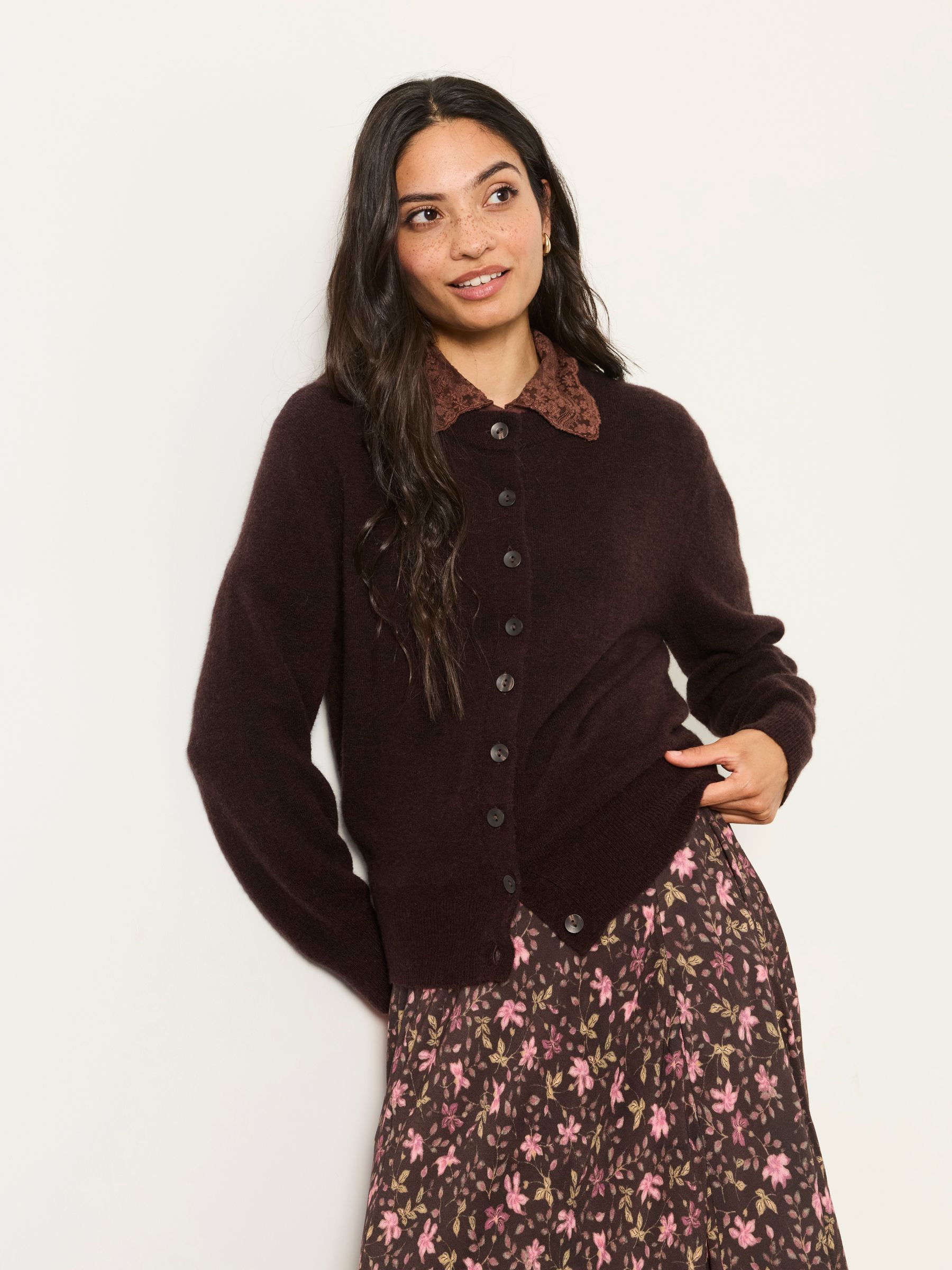 Halle Chocolate Brown Knitted Crew Button Front Cardigan - Image 1 of 6