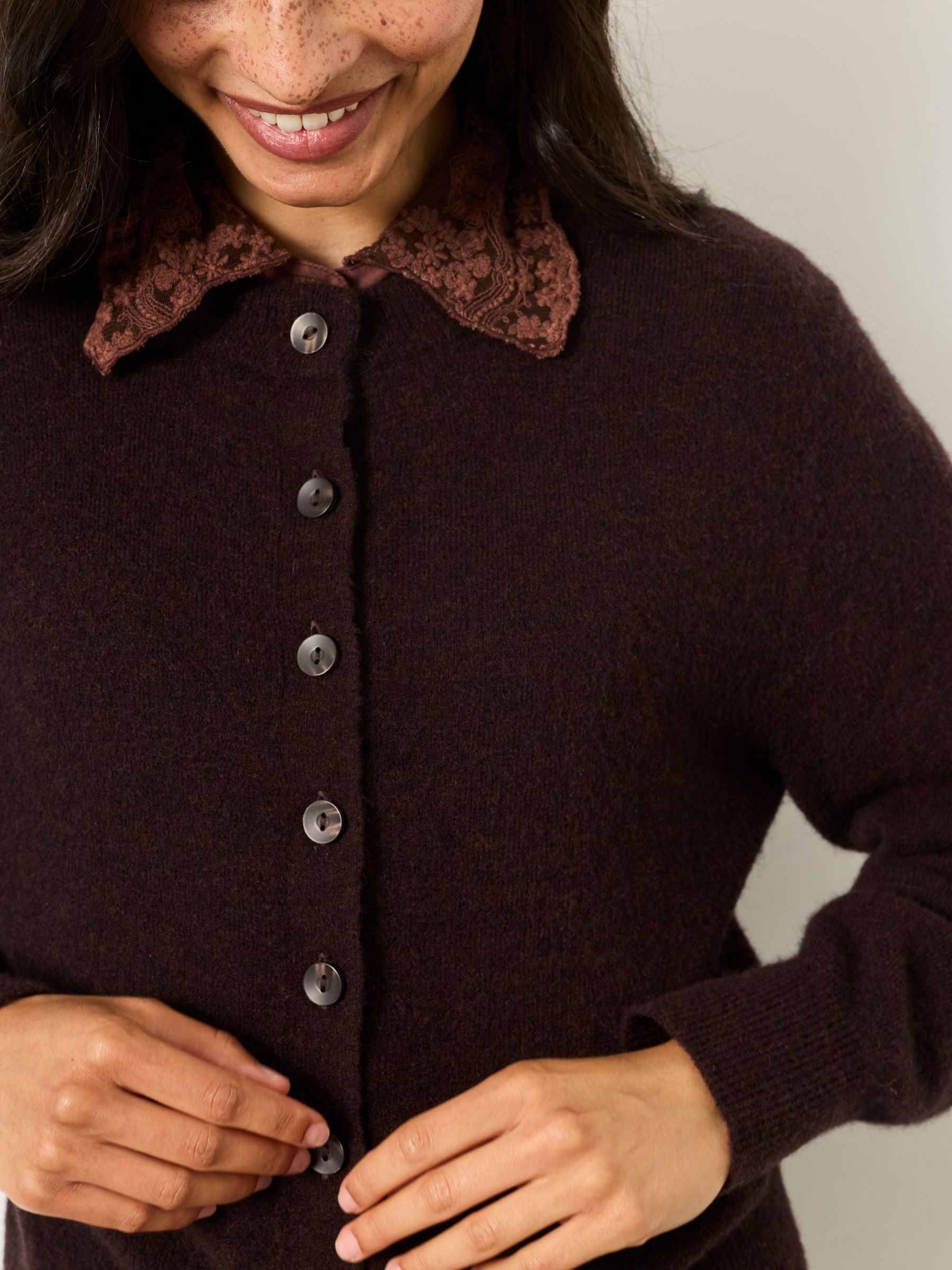 Halle Chocolate Brown Knitted Crew Button Front Cardigan - Image 3 of 6