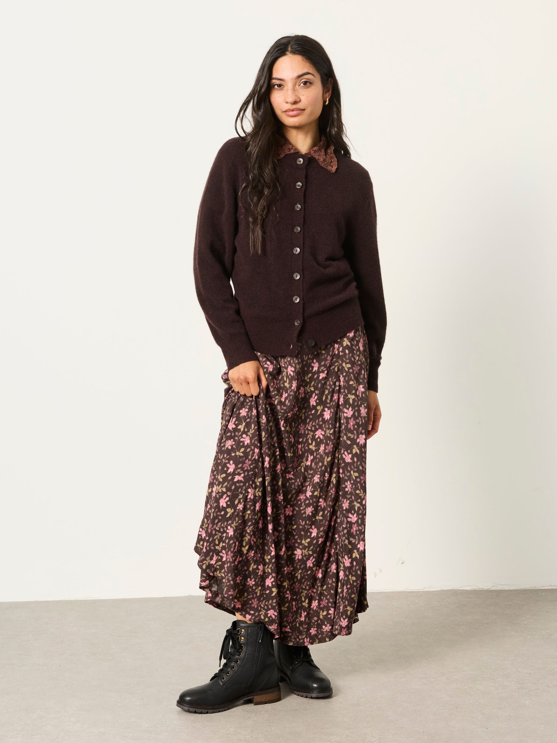 Halle Chocolate Brown Knitted Crew Button Front Cardigan - Image 4 of 6