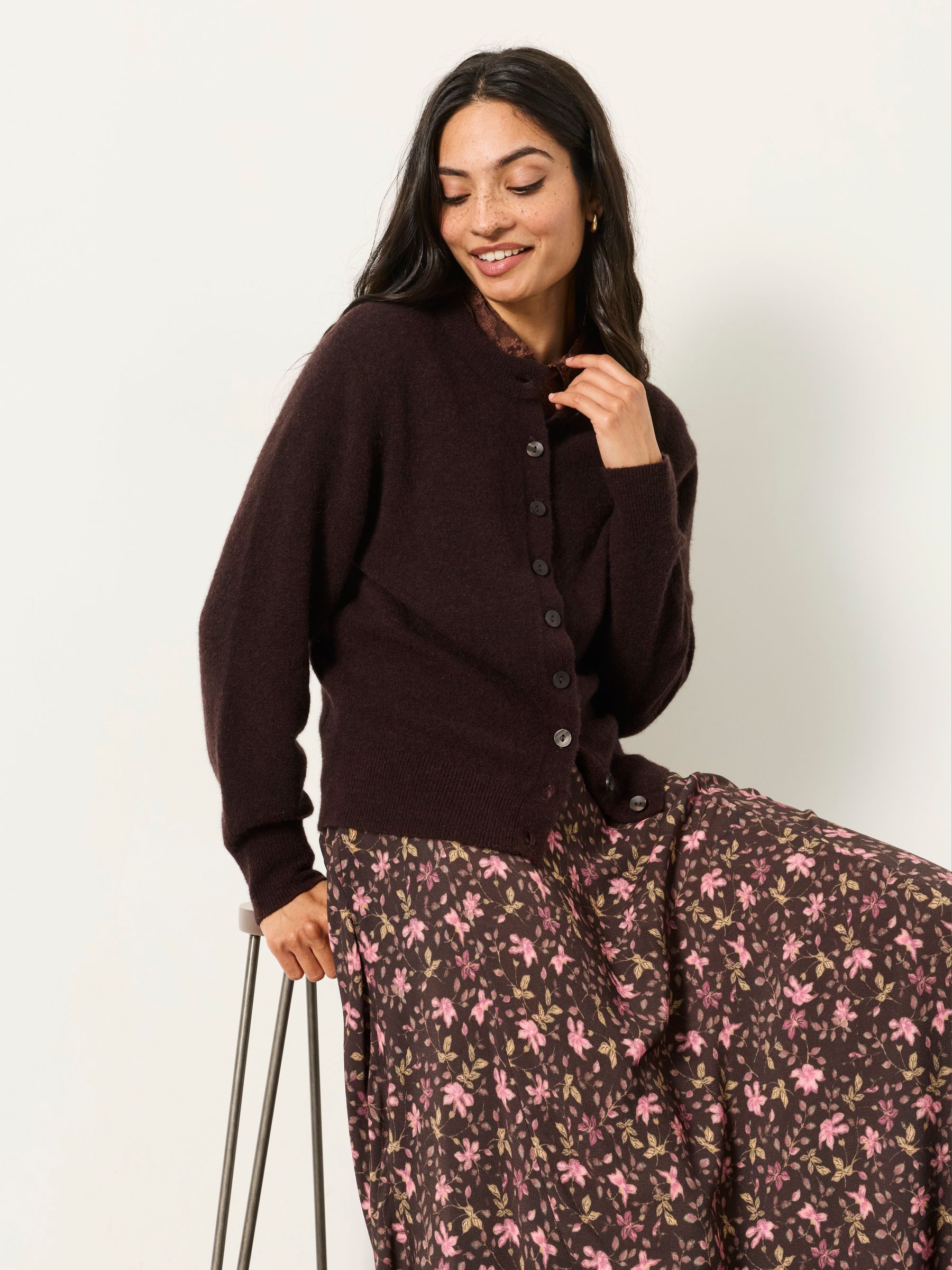 Halle Chocolate Brown Knitted Crew Button Front Cardigan - Image 5 of 6