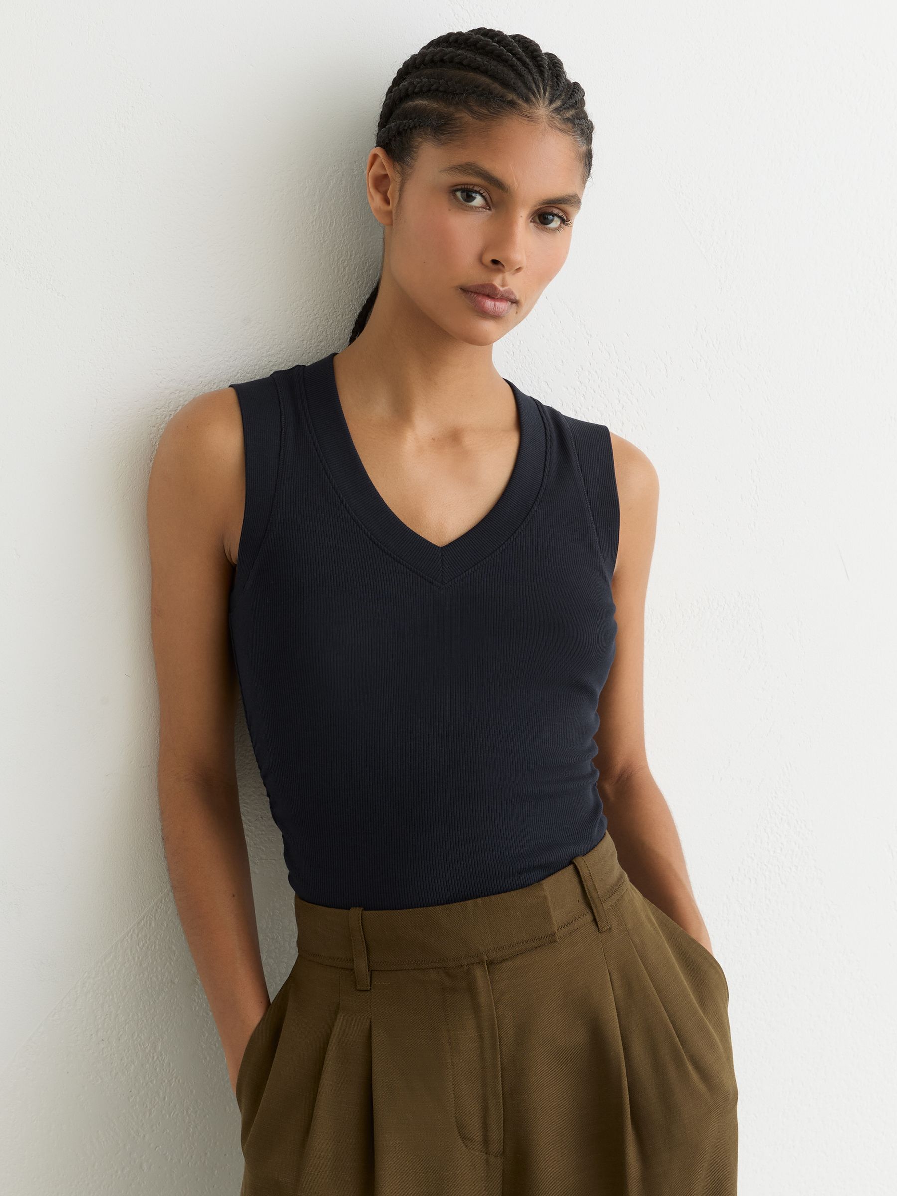 Stretch-Cotton Rib Ruched V-Neck Vest in Navy - image 2