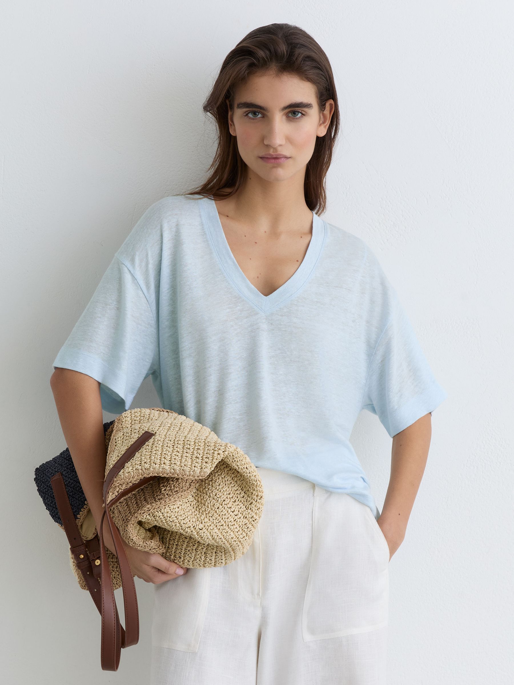 Linen V-Neck T-Shirt in Blue - Image 1 of 6