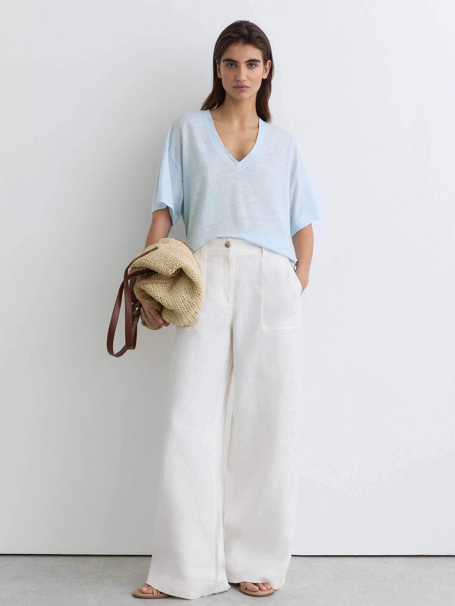 Linen V-Neck T-Shirt in Blue - Image 4 of 6