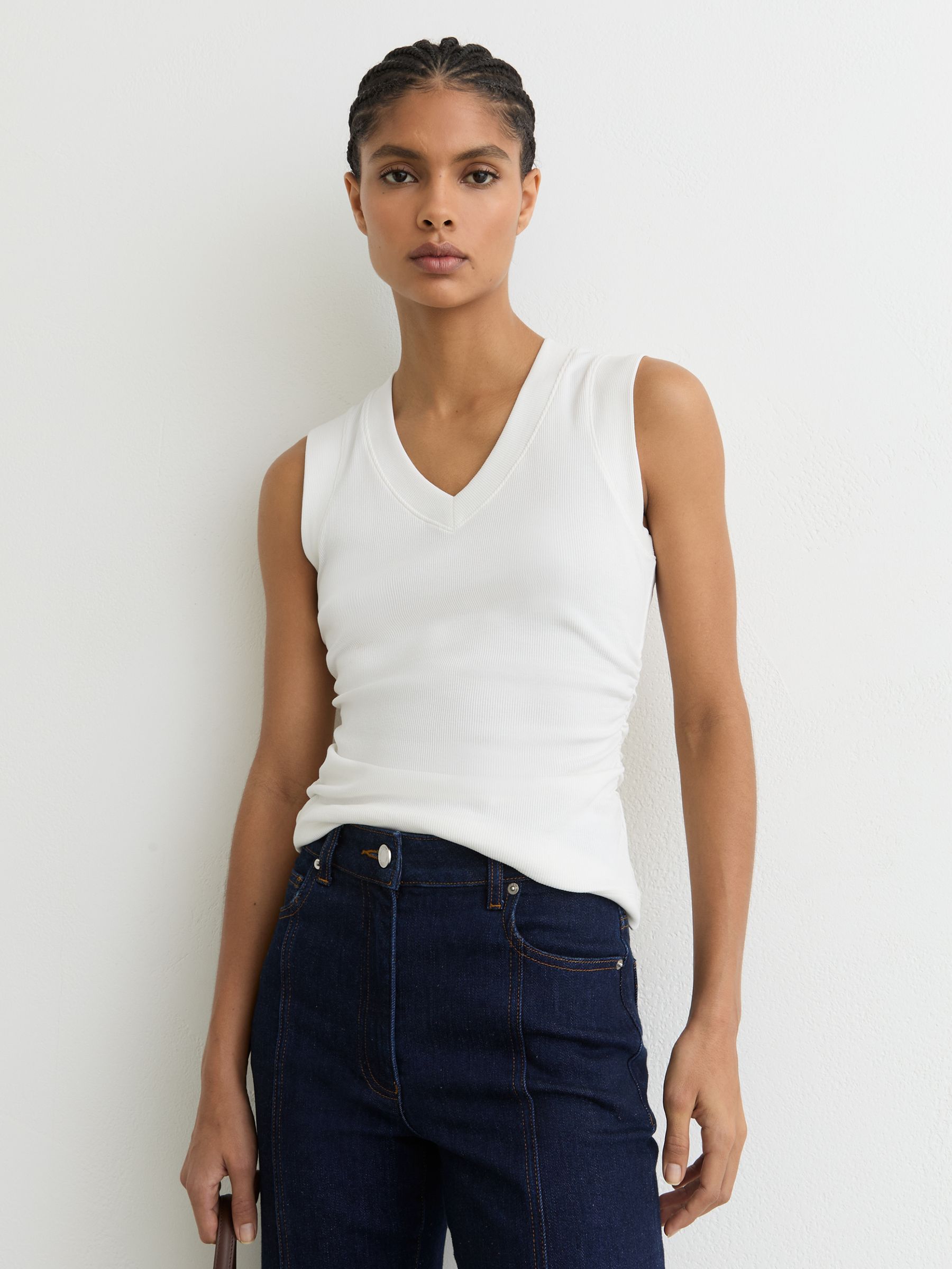 Stretch-Cotton Rib Ruched V-Neck Vest in White - image 2