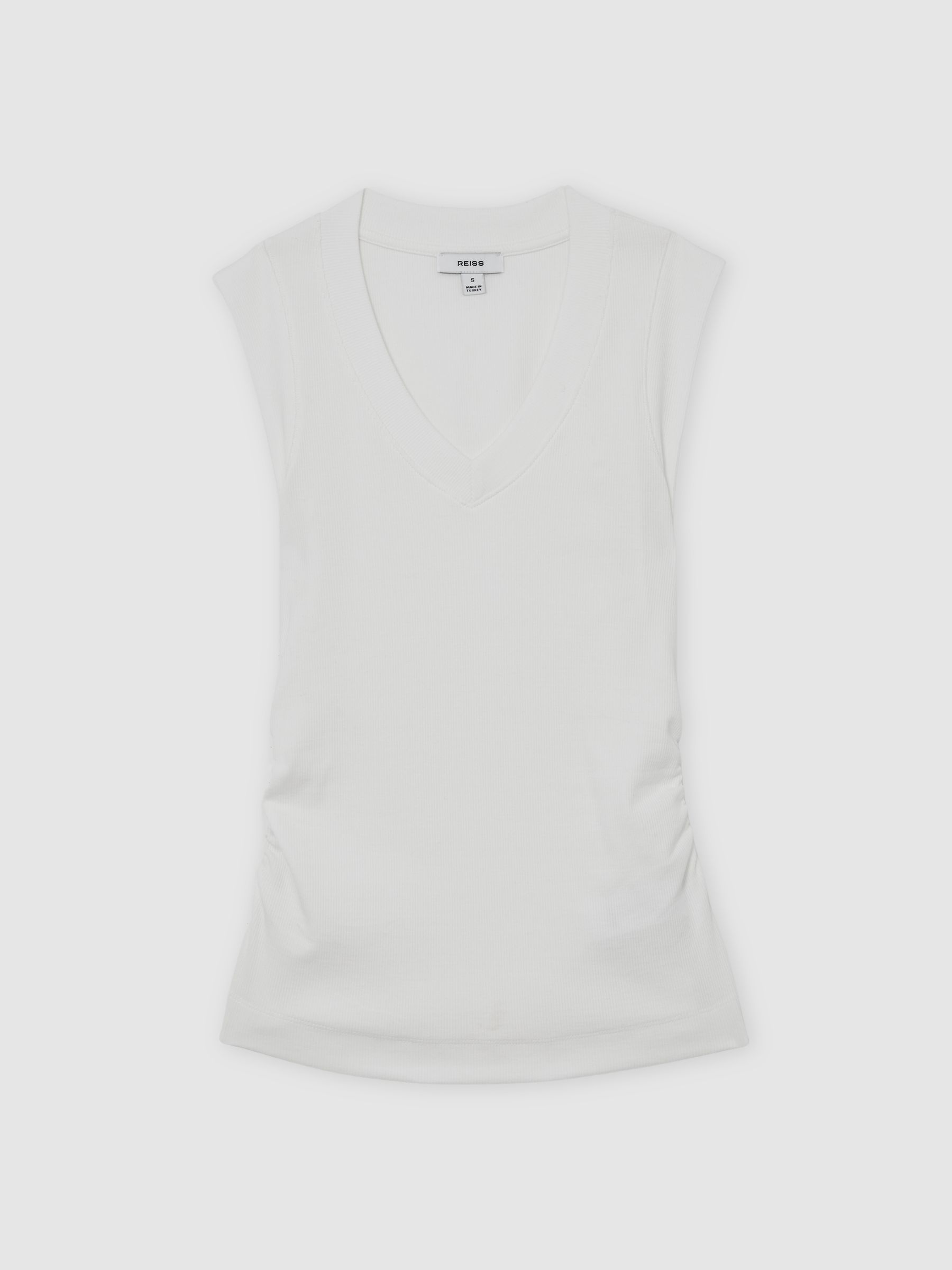 Stretch-Cotton Rib Ruched V-Neck Vest in White - image 1