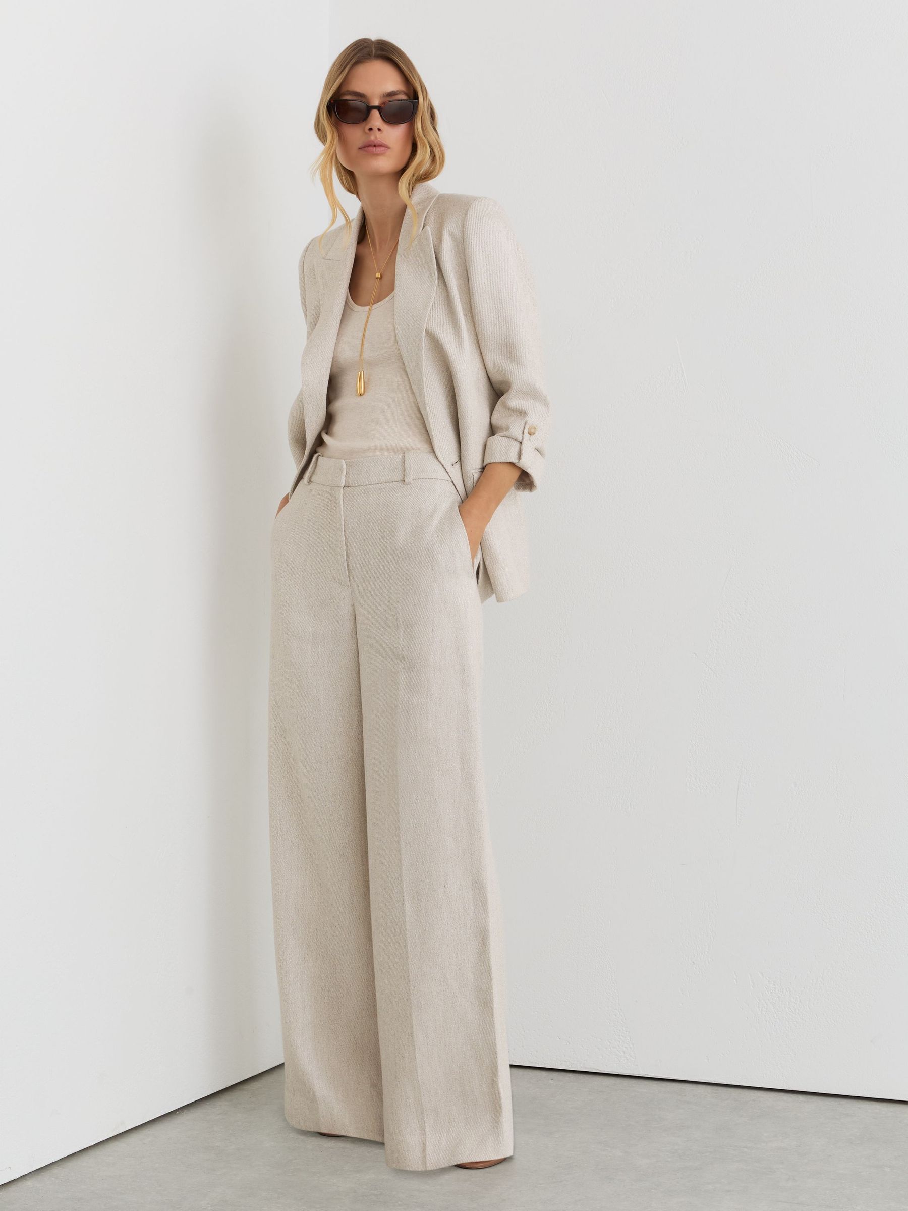 Linen-Blend Textured WIde-Leg Trousers in Neutral - Image 1 of 7 Linen-Blend Textured WIde-Leg Trousers in Neutral - Image 1 of 7
