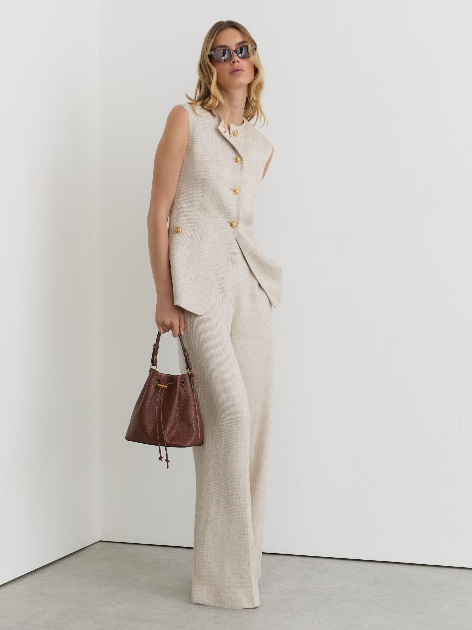 Linen-Blend Textured Long-Line Waistcoat in Neutral - Image 1 of 6