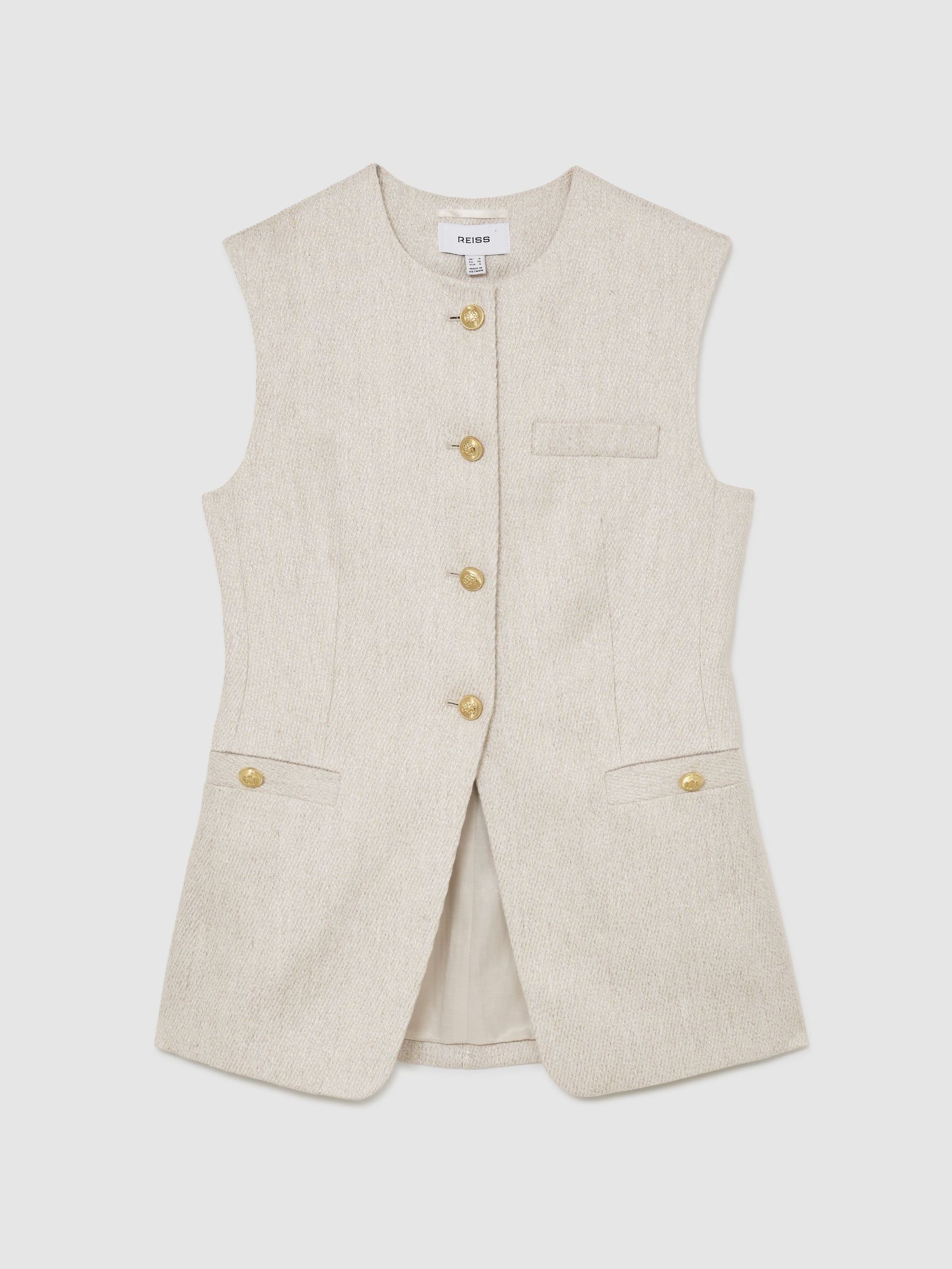 Linen-Blend Textured Long-Line Waistcoat in Neutral - Image 2 of 6