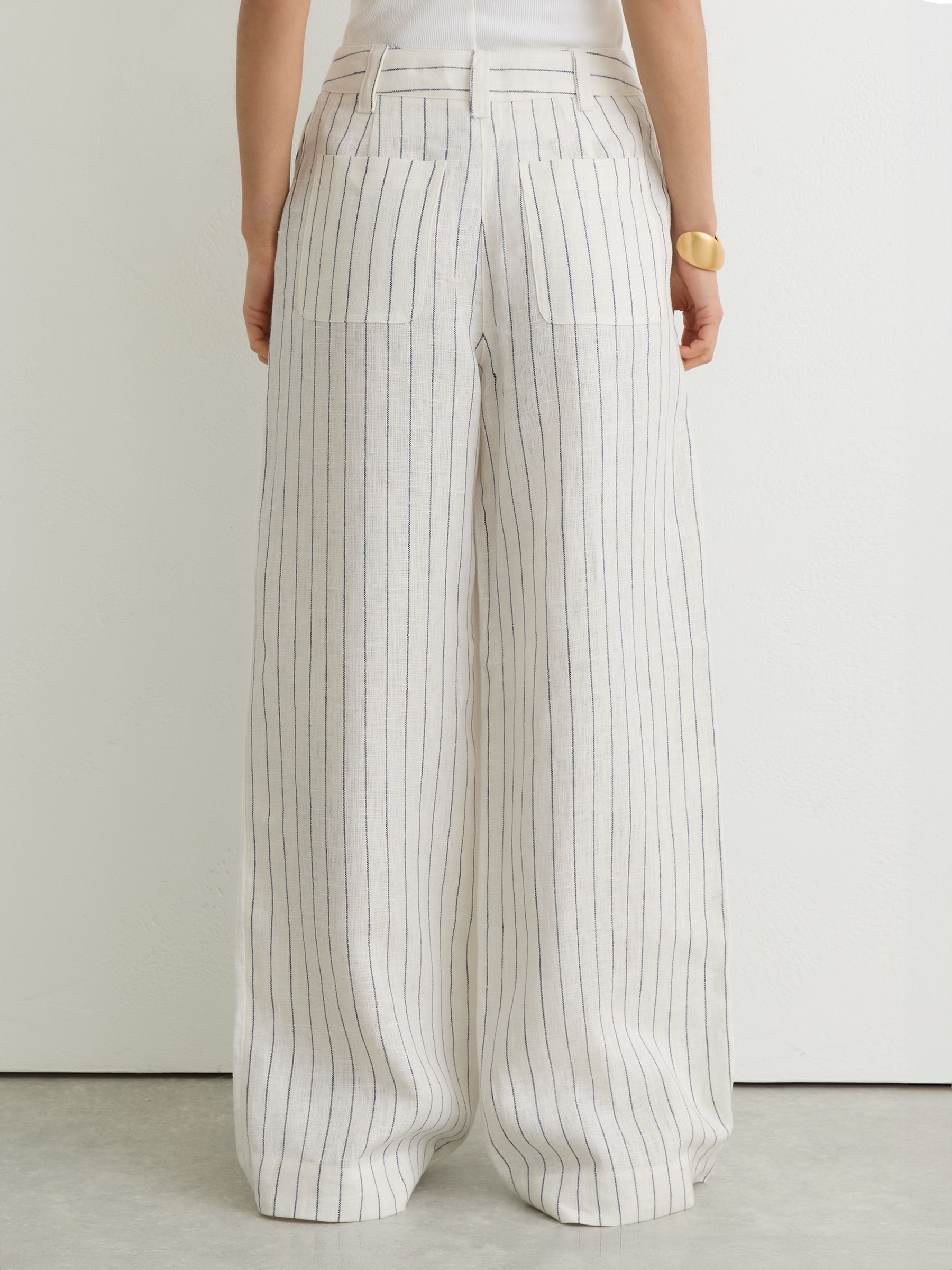 Linen Wide-Leg Trousers in White/Navy - image 5