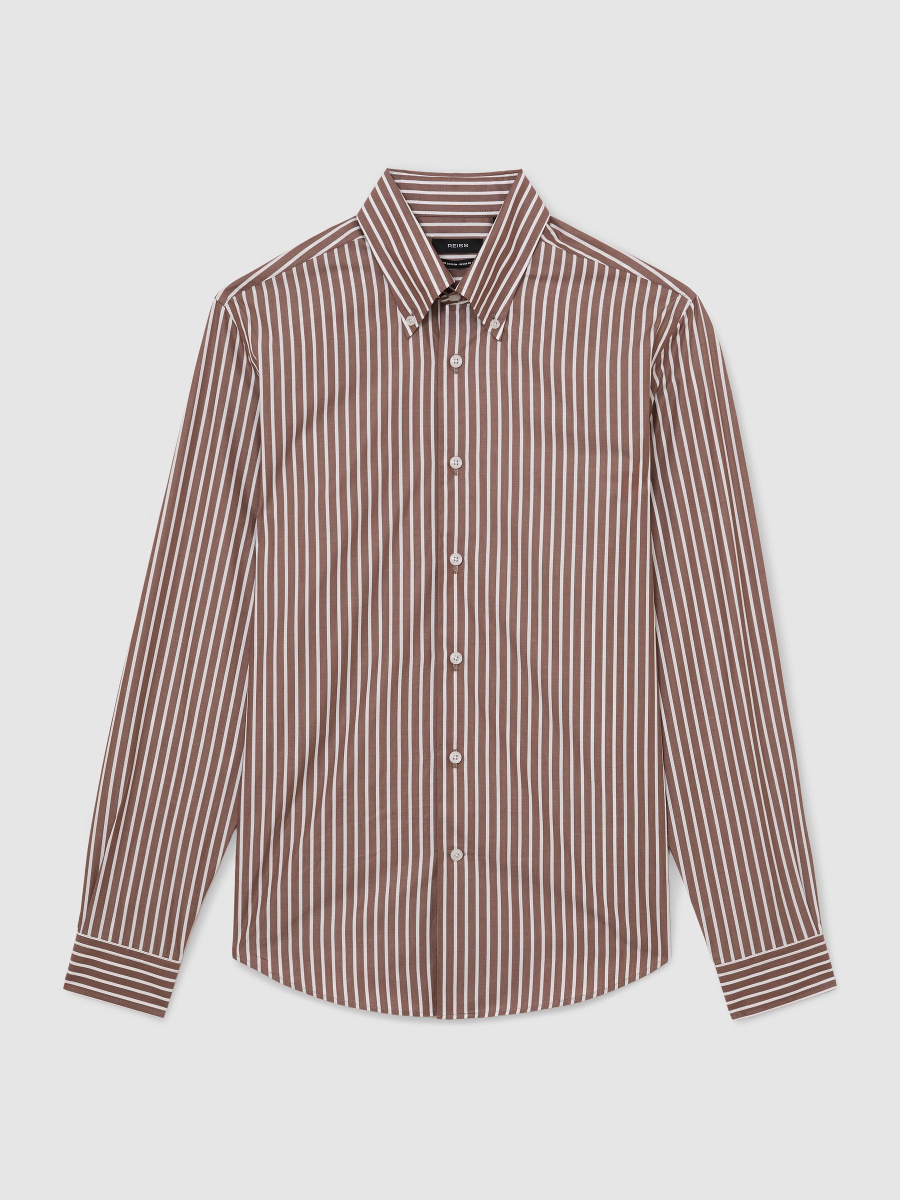 Cotton Stripe Button-Down Shirt Regular-Fit in Brown - Image 2 of 6