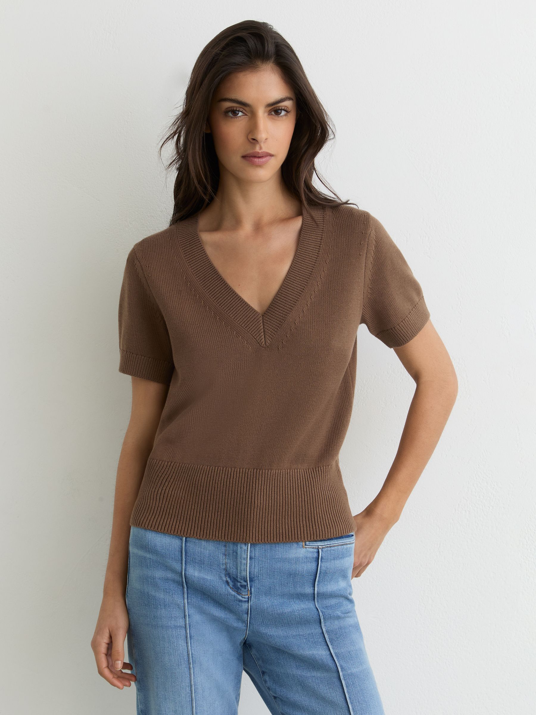 Cotton-Wool Knit V-Neck Top in Taupe Neutral - Image 1 of 6 Cotton-Wool Knit V-Neck Top in Taupe Neutral - Image 1 of 6
