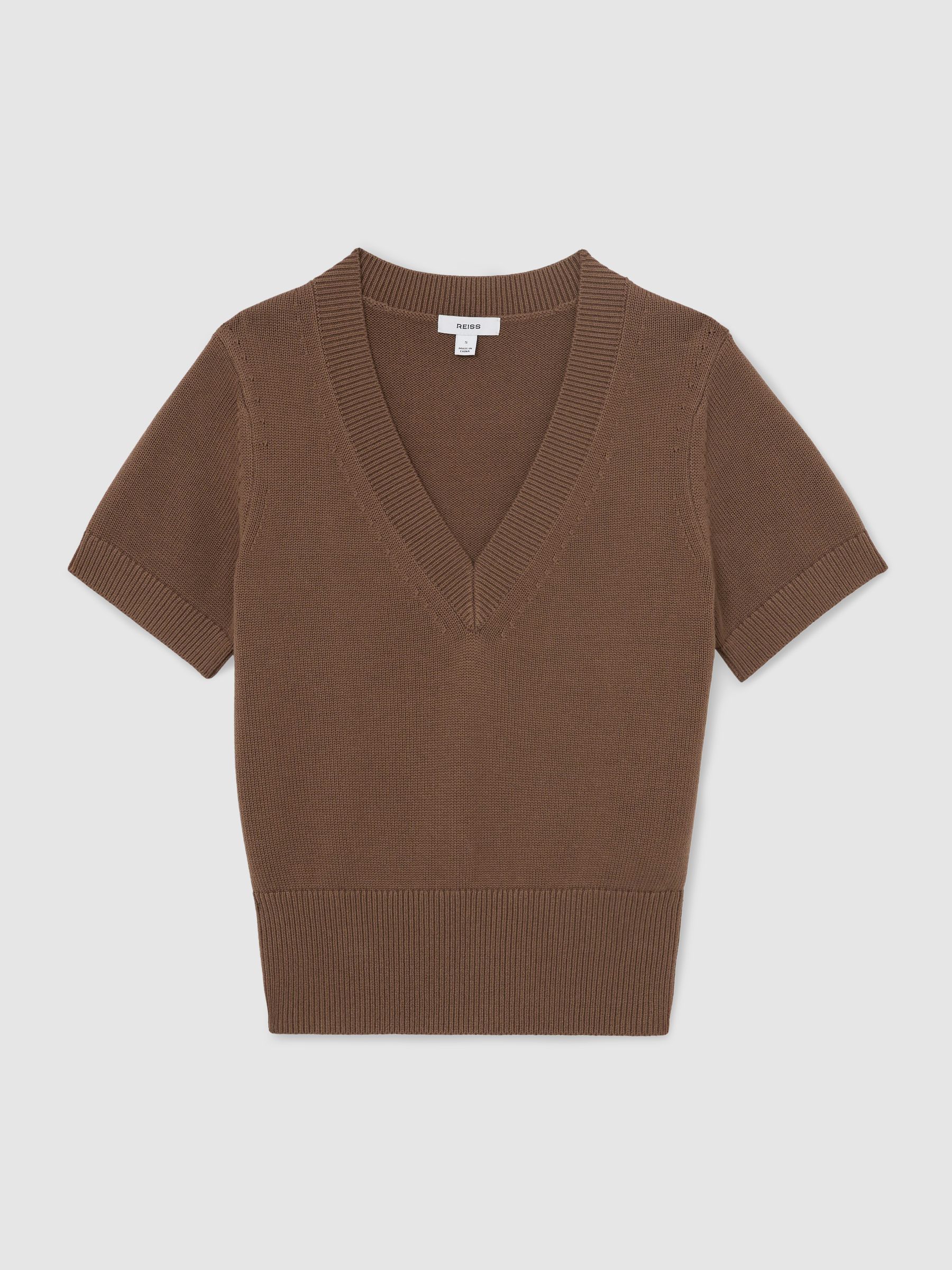 Cotton-Wool Knit V-Neck Top in Taupe Neutral