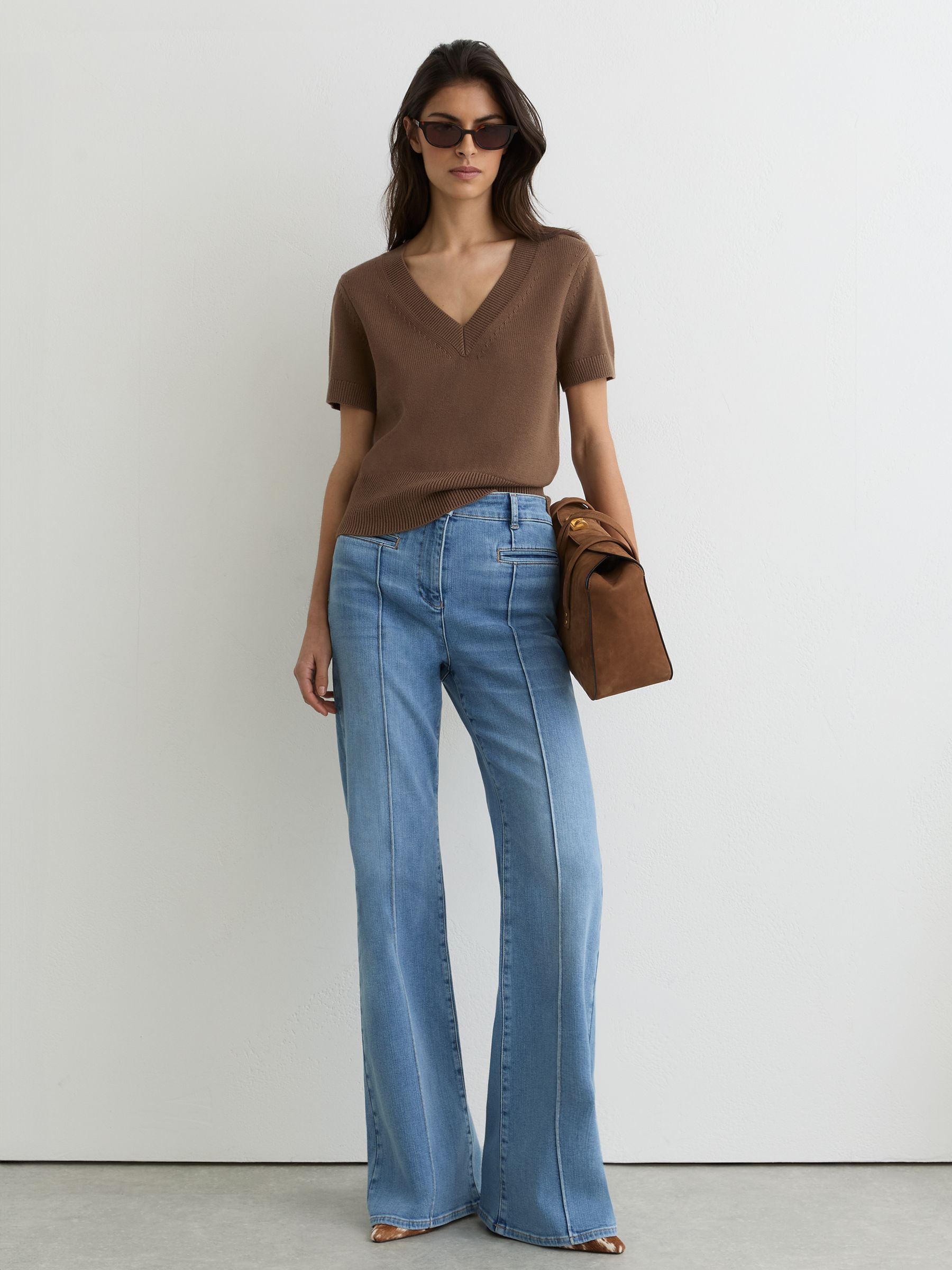 Cotton-Wool Knit V-Neck Top in Taupe Neutral - image 5