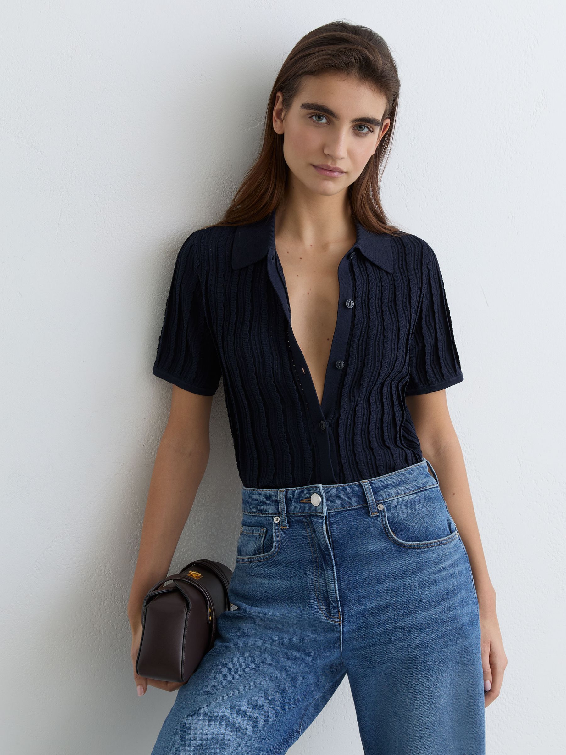 Stitch-Detail Short-Sleeve Knitted Shirt in Navy - image 2
