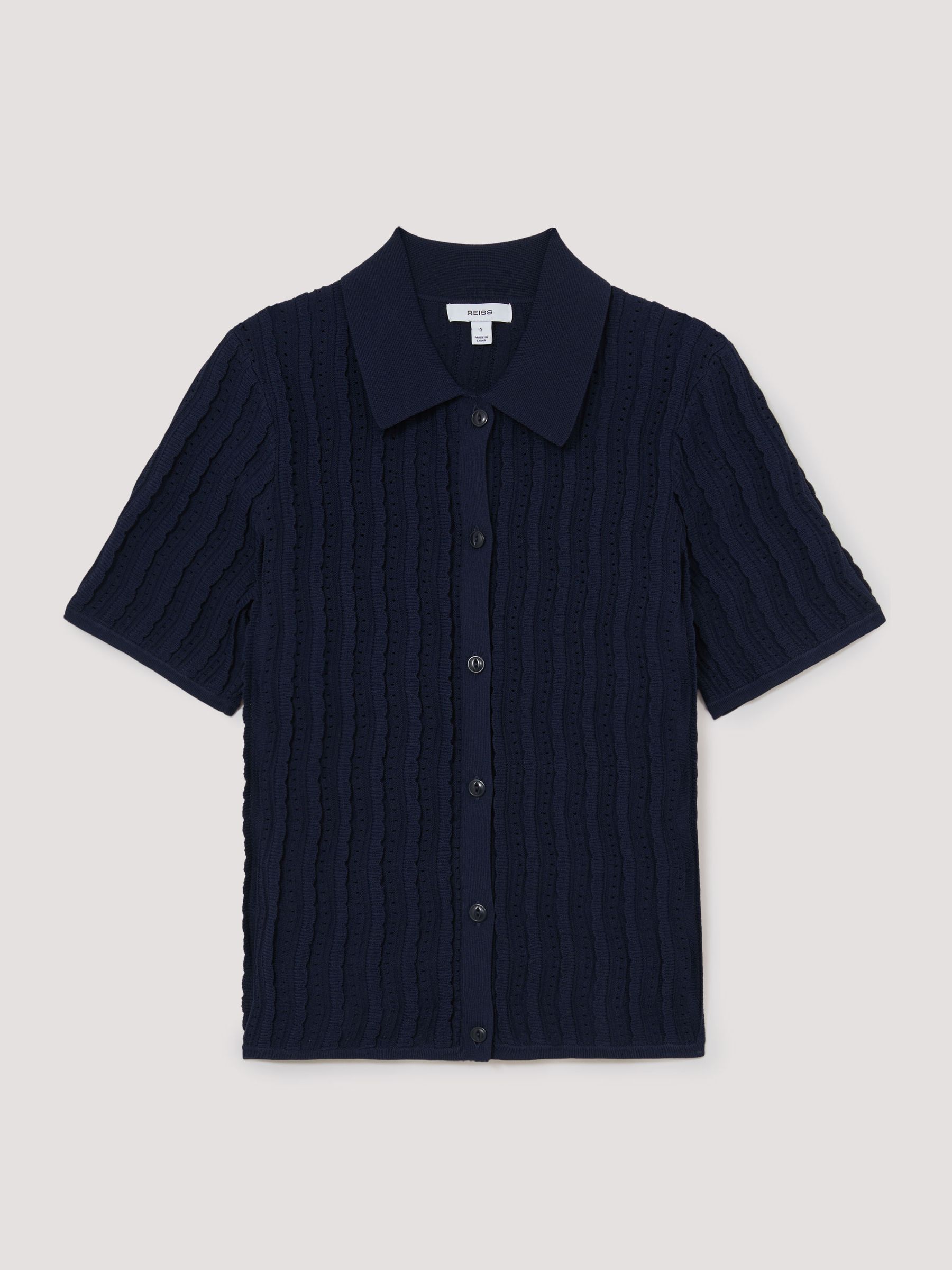 Stitch-Detail Short-Sleeve Knitted Shirt in Navy