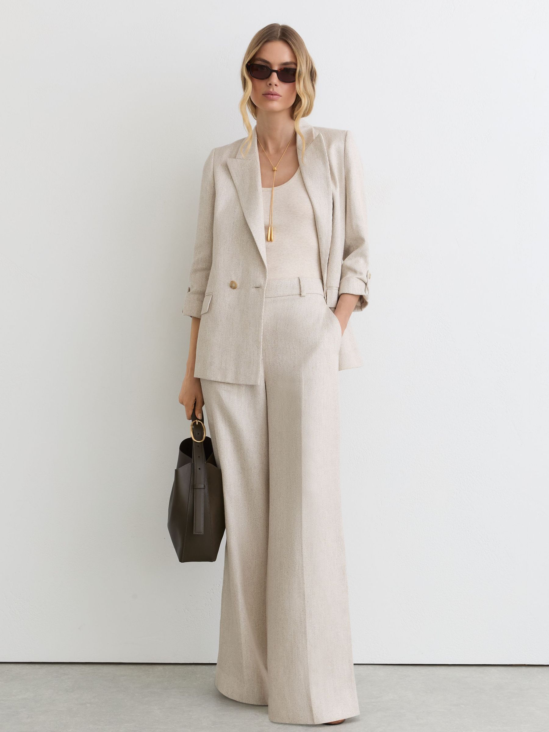 Petite Linen-Blend Textured WIde-Leg Trousers in Neutral - Image 1 of 9