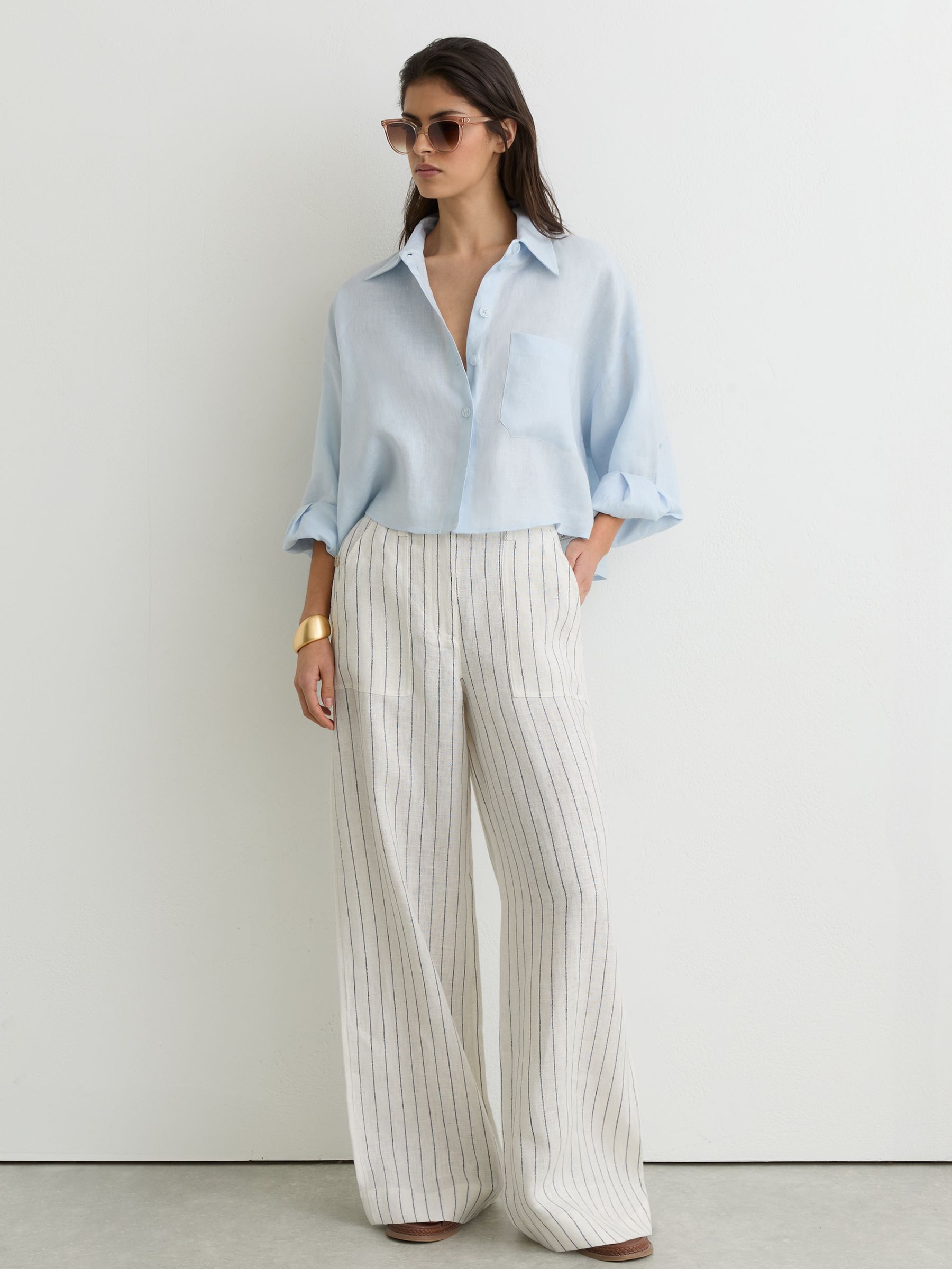 Petite Linen Wide-Leg Trousers in White/Navy - image 5
