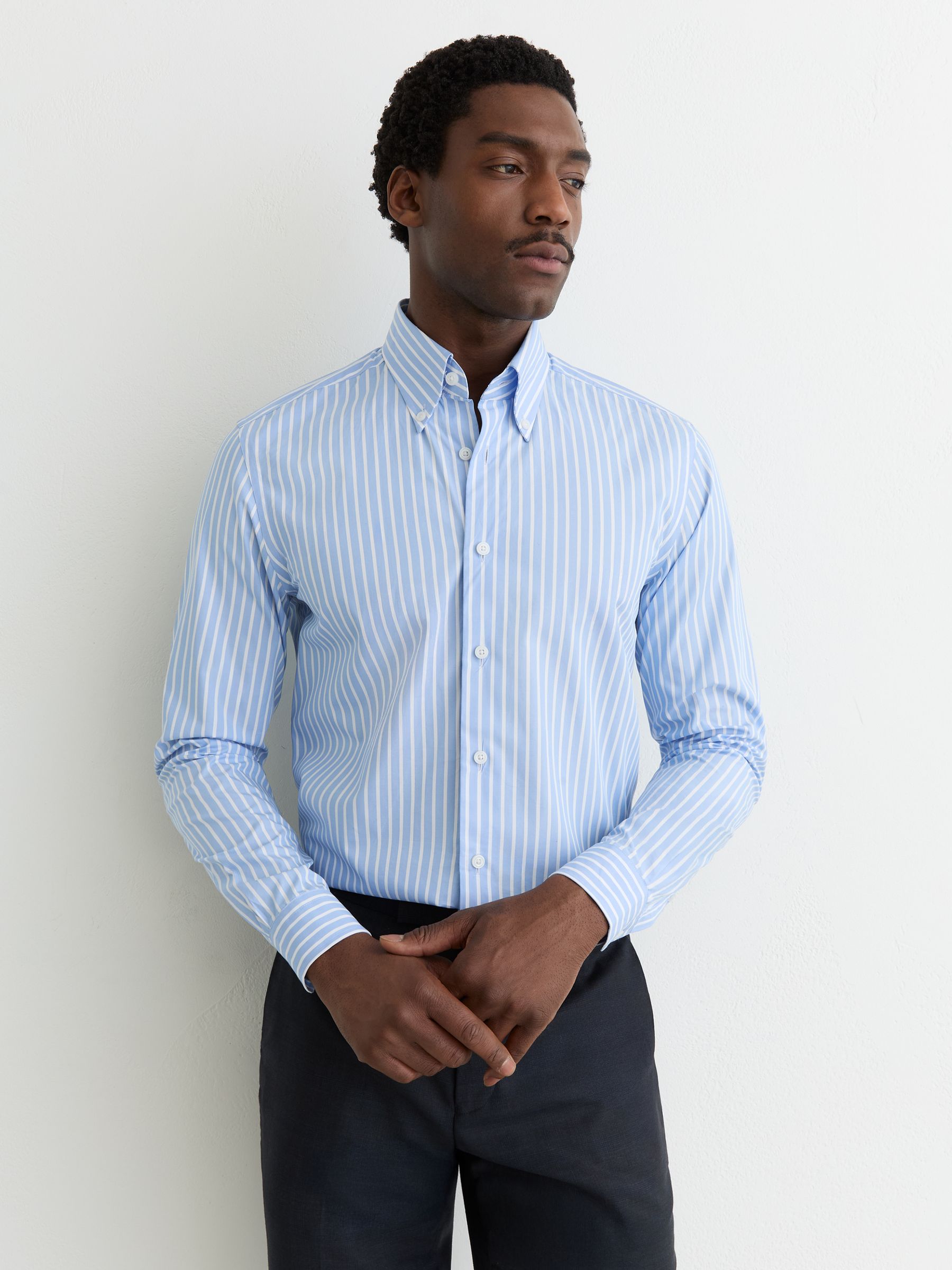 Cotton Stripe Button-Down Shirt Regular-Fit in Soft Blue - Image 4 of 7