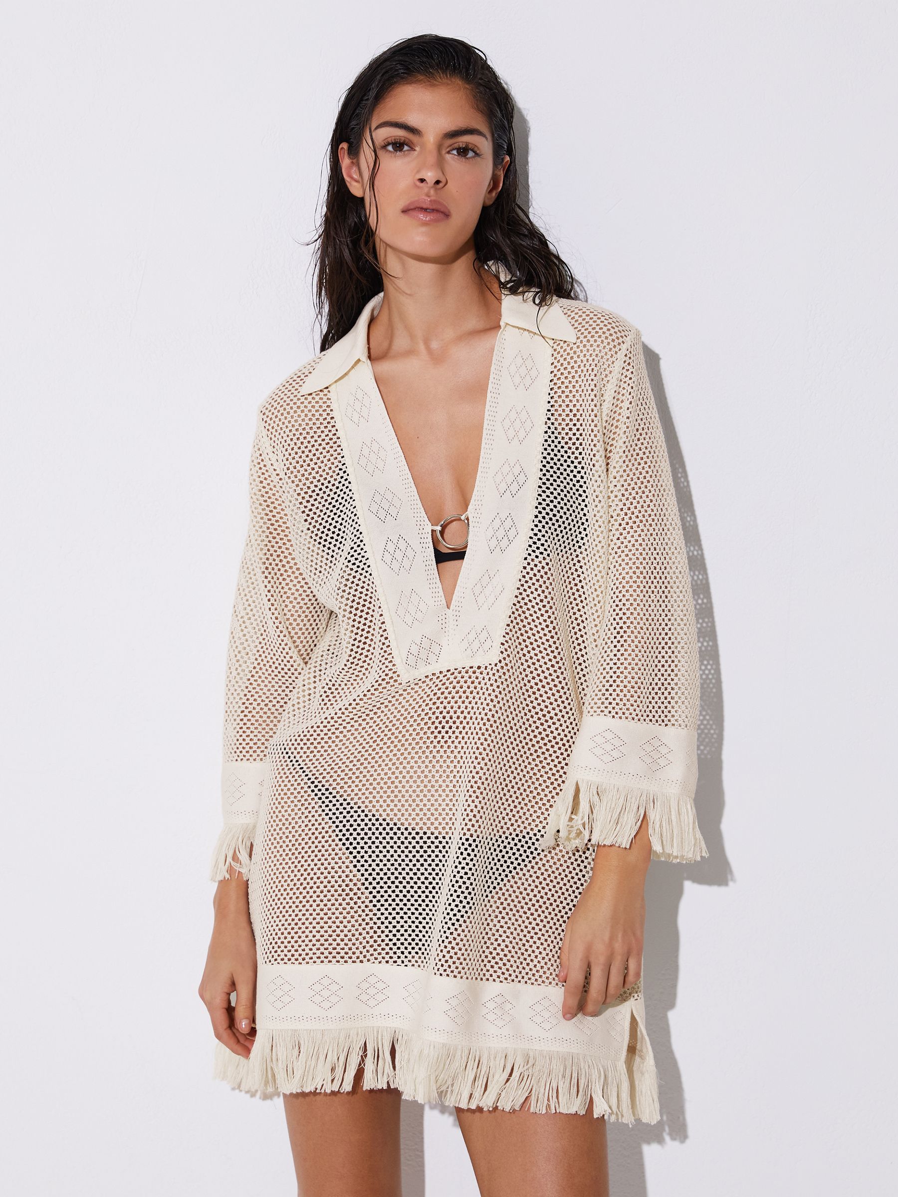 Crochet Fringe-Trim Beach Dress in Ivory - Image 1 of 6