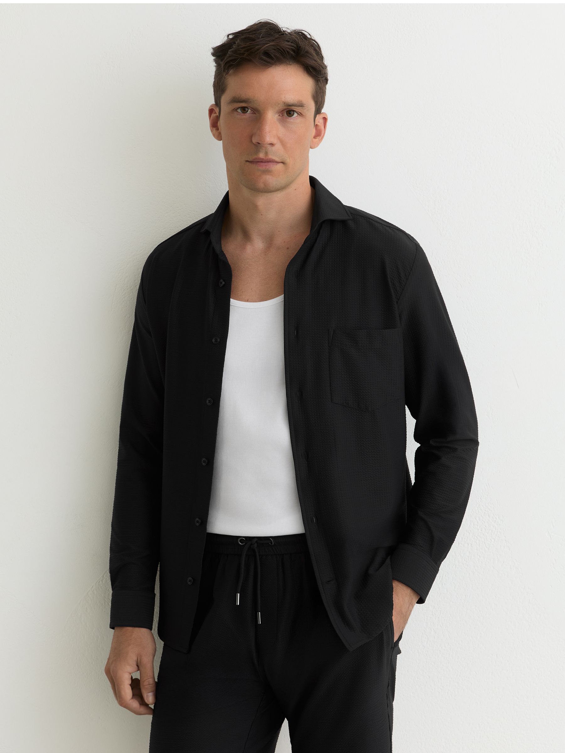 Seersucker Cutaway-Collar Regular-Fit Shirt in Black - Image 1 of 6