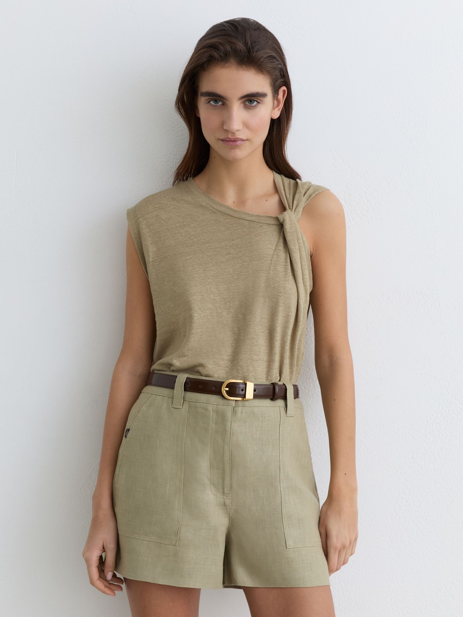 Linen Twist-Detail T-Shirt in Green - Image 4 of 6