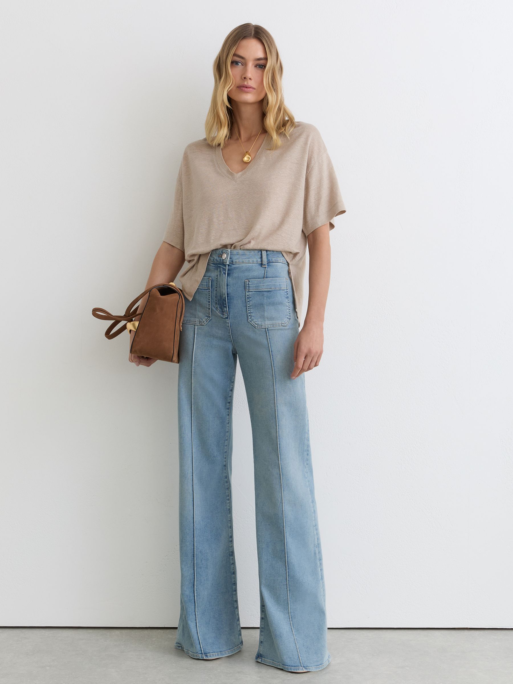 Linen V-Neck T-Shirt in Stone Neutral - Image 3 of 6