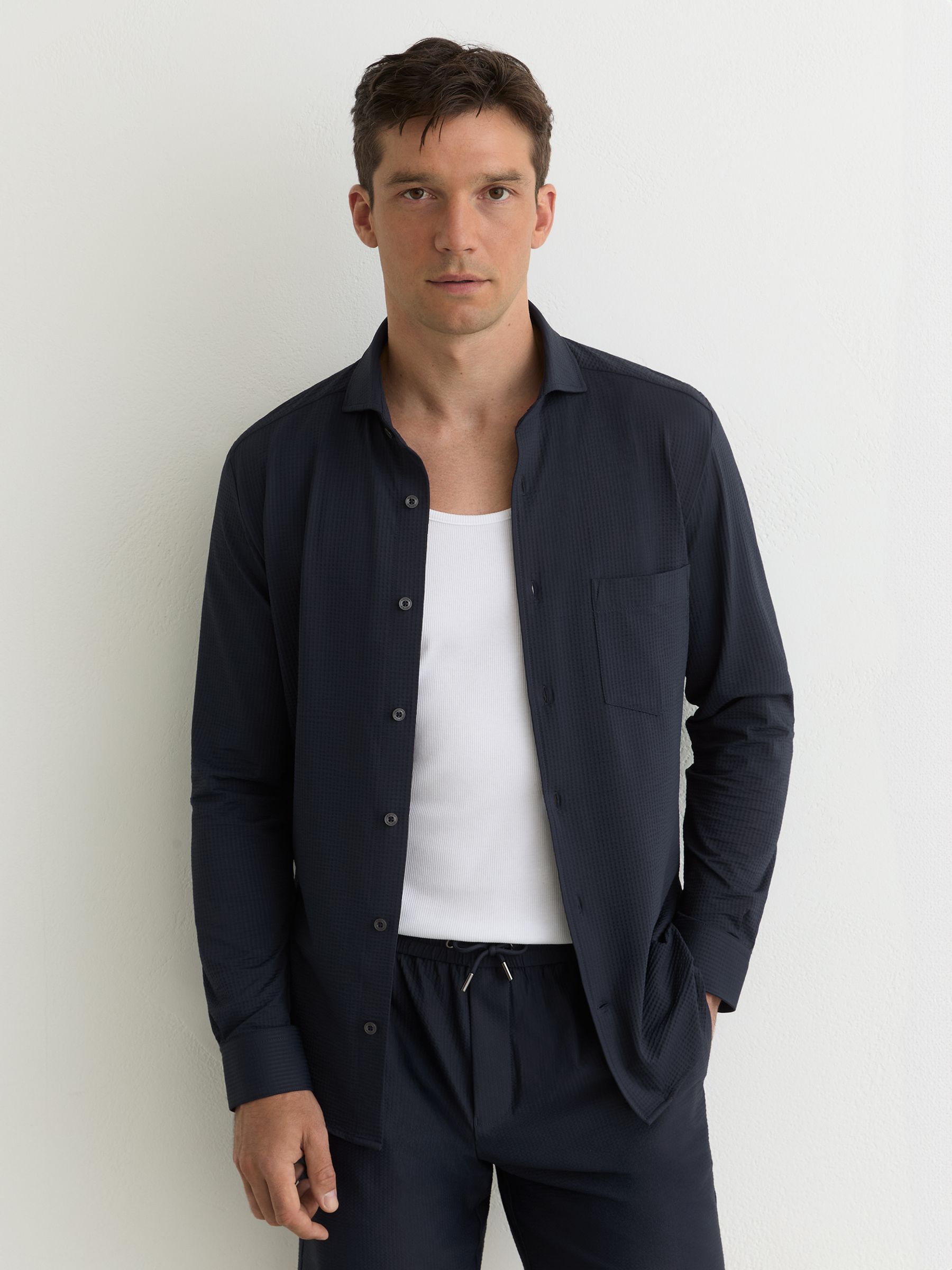 Seersucker Cutaway-Collar Regular-Fit Shirt in Navy - Image 1 of 6