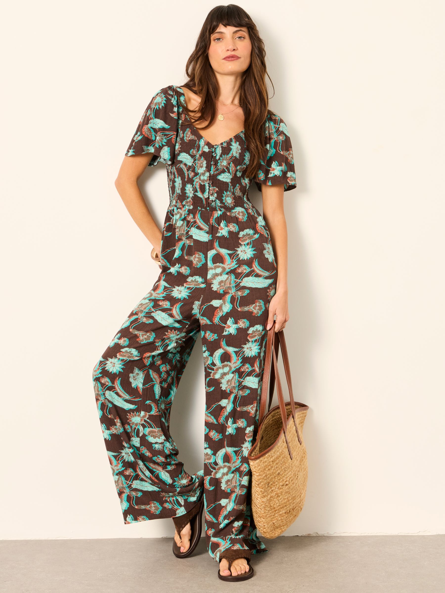 Gabby Chocolate Brown Batik Petite Jumpsuit - Image 1 of 6
