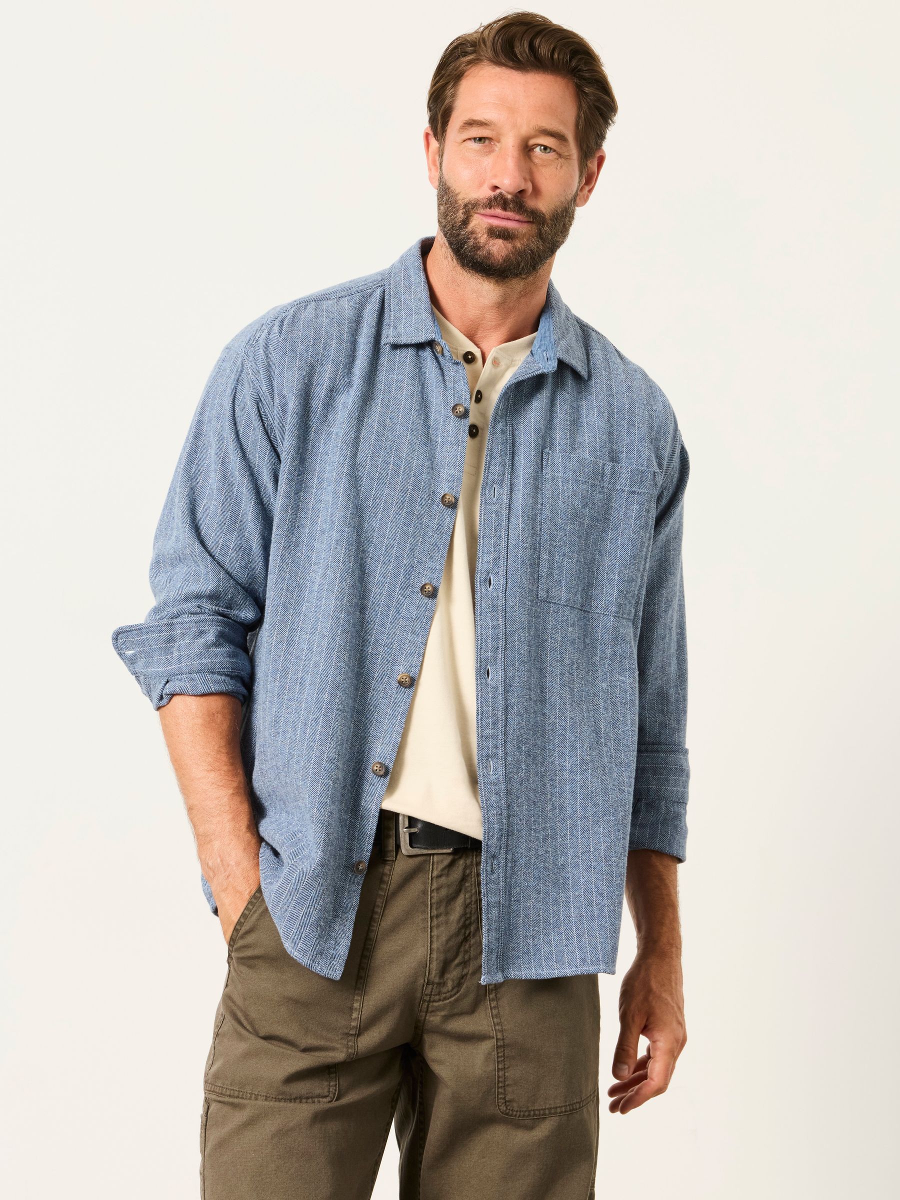 Long Sleeve Relaxed Fit Herringbone Stripe Brushed Shirt in Light Blue - Image 1 of 6