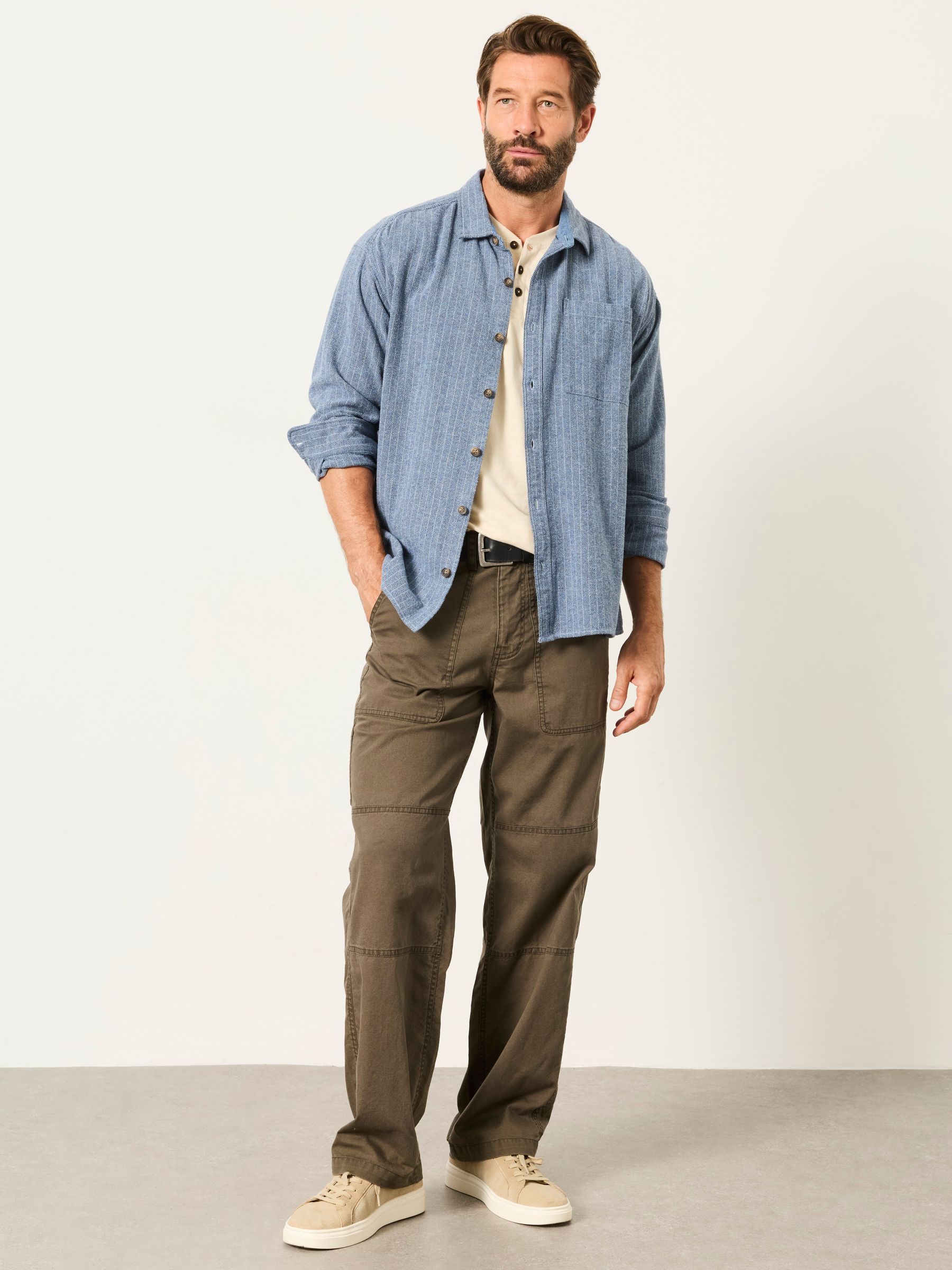 Long Sleeve Relaxed Fit Herringbone Stripe Brushed Shirt in Light Blue - Image 4 of 6