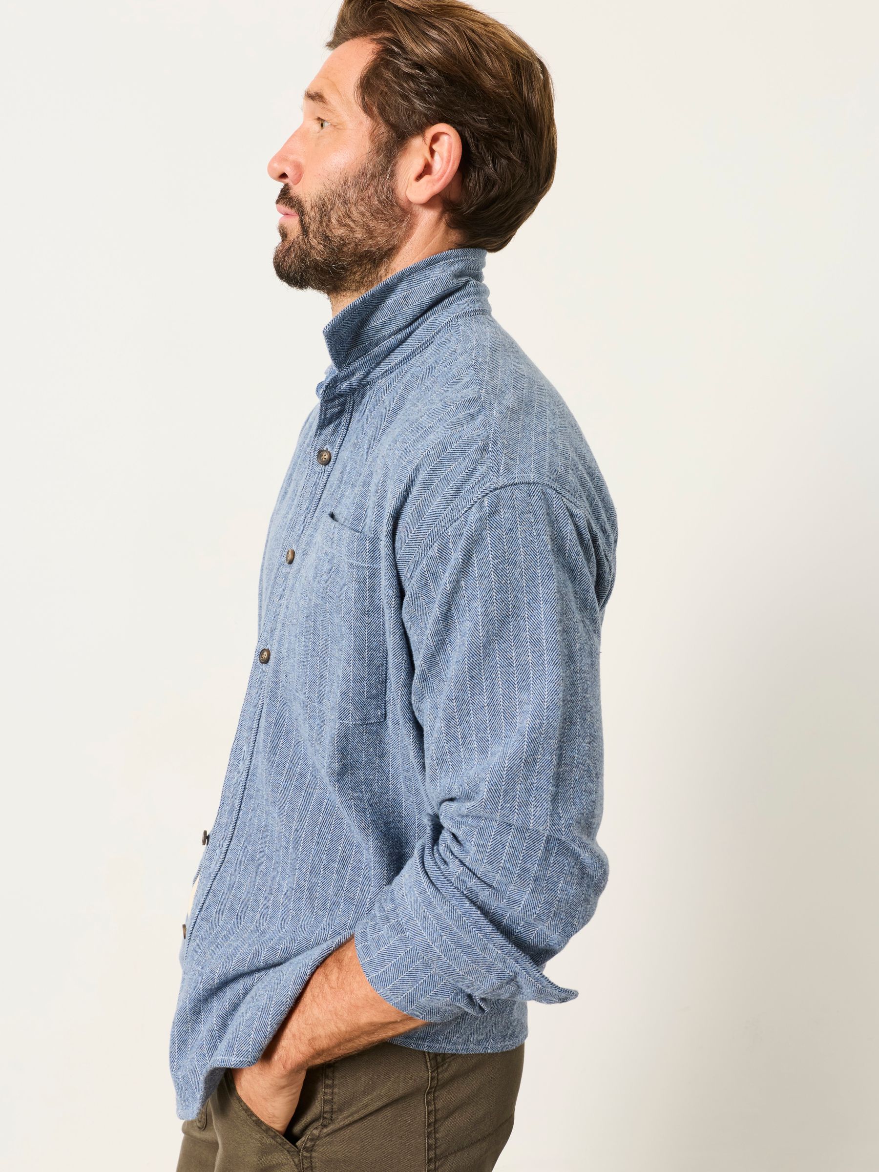 Long Sleeve Relaxed Fit Herringbone Stripe Brushed Shirt in Light Blue - Image 5 of 6