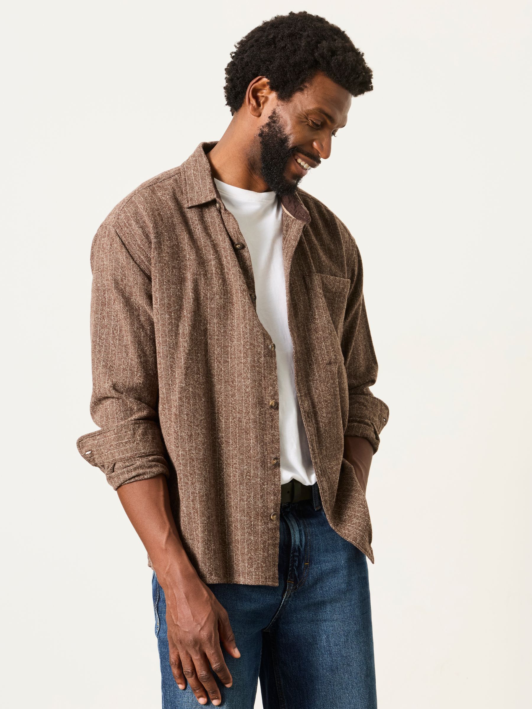 Long Sleeve Relaxed Fit Herringbone Stripe Brushed Shirt in Brown - Image 1 of 7 Long Sleeve Relaxed Fit Herringbone Stripe Brushed Shirt in Brown - Image 1 of 7