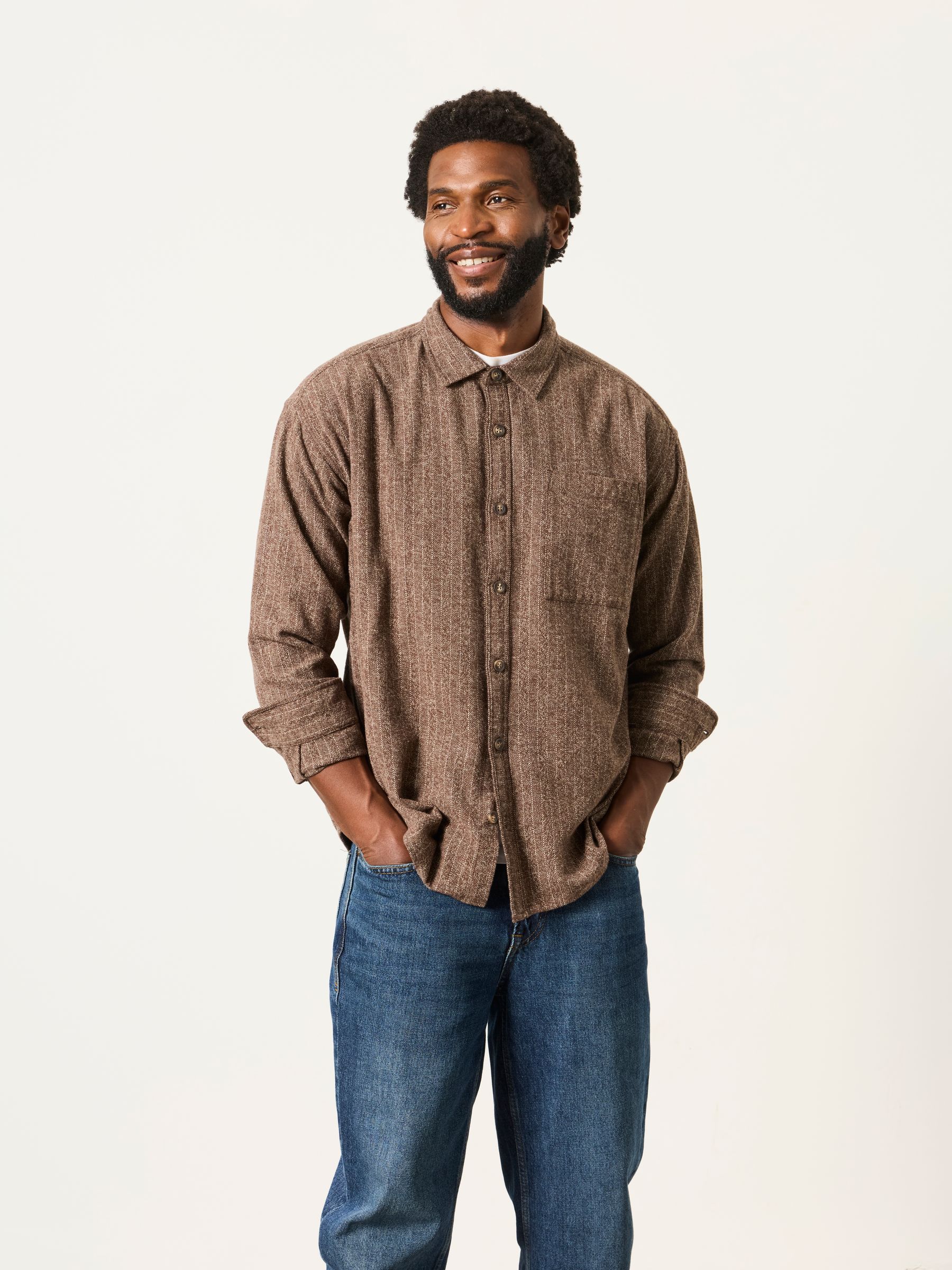 Long Sleeve Relaxed Fit Herringbone Stripe Brushed Shirt in Brown - Image 3 of 7