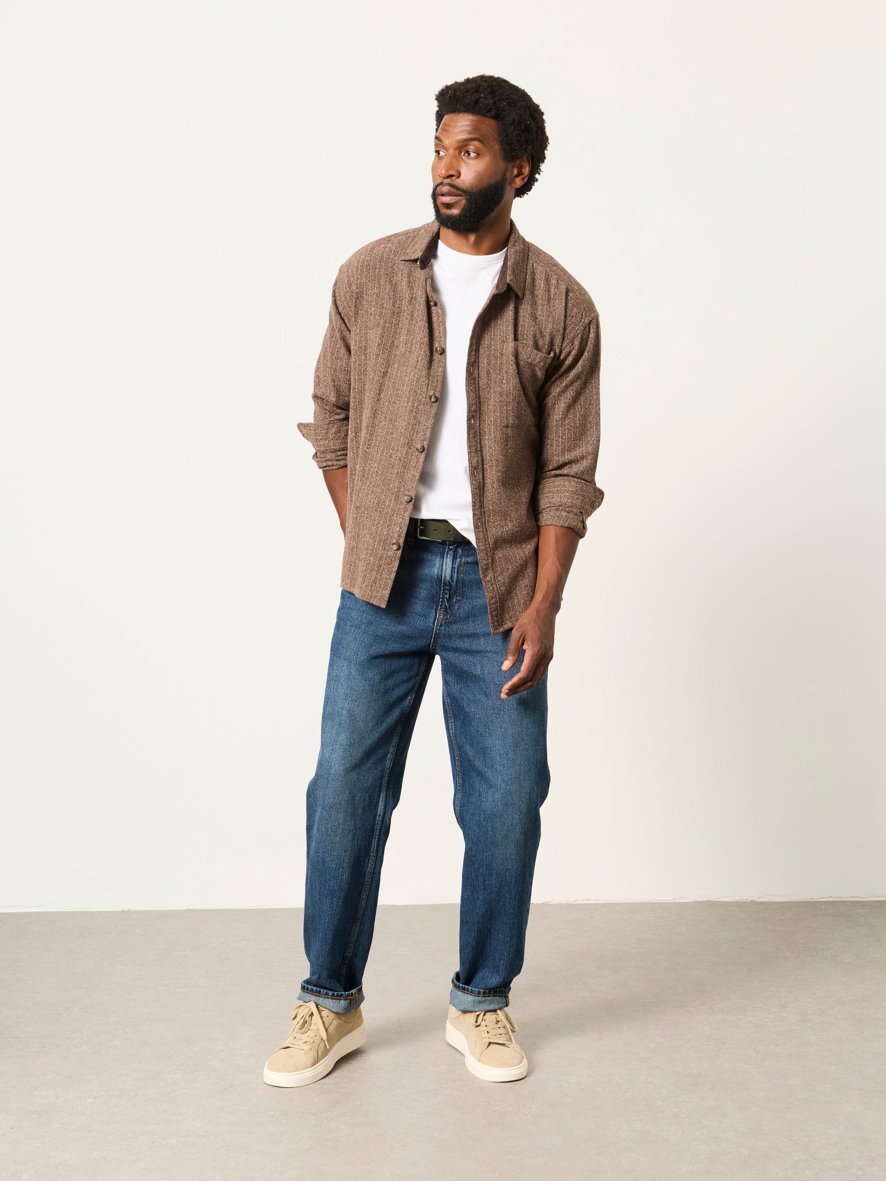 Long Sleeve Relaxed Fit Herringbone Stripe Brushed Shirt in Brown - Image 4 of 7