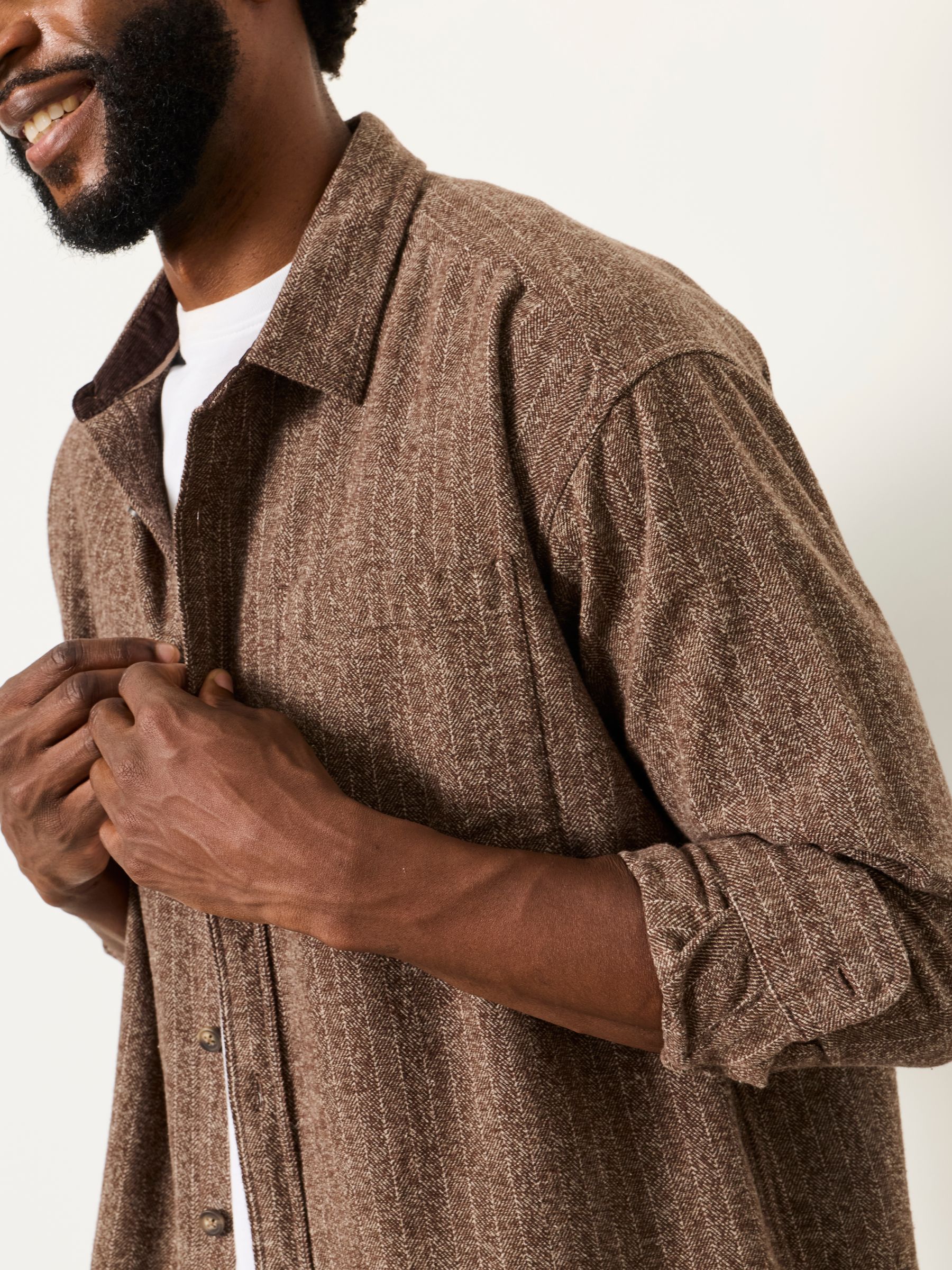Long Sleeve Relaxed Fit Herringbone Stripe Brushed Shirt in Brown - Image 5 of 7