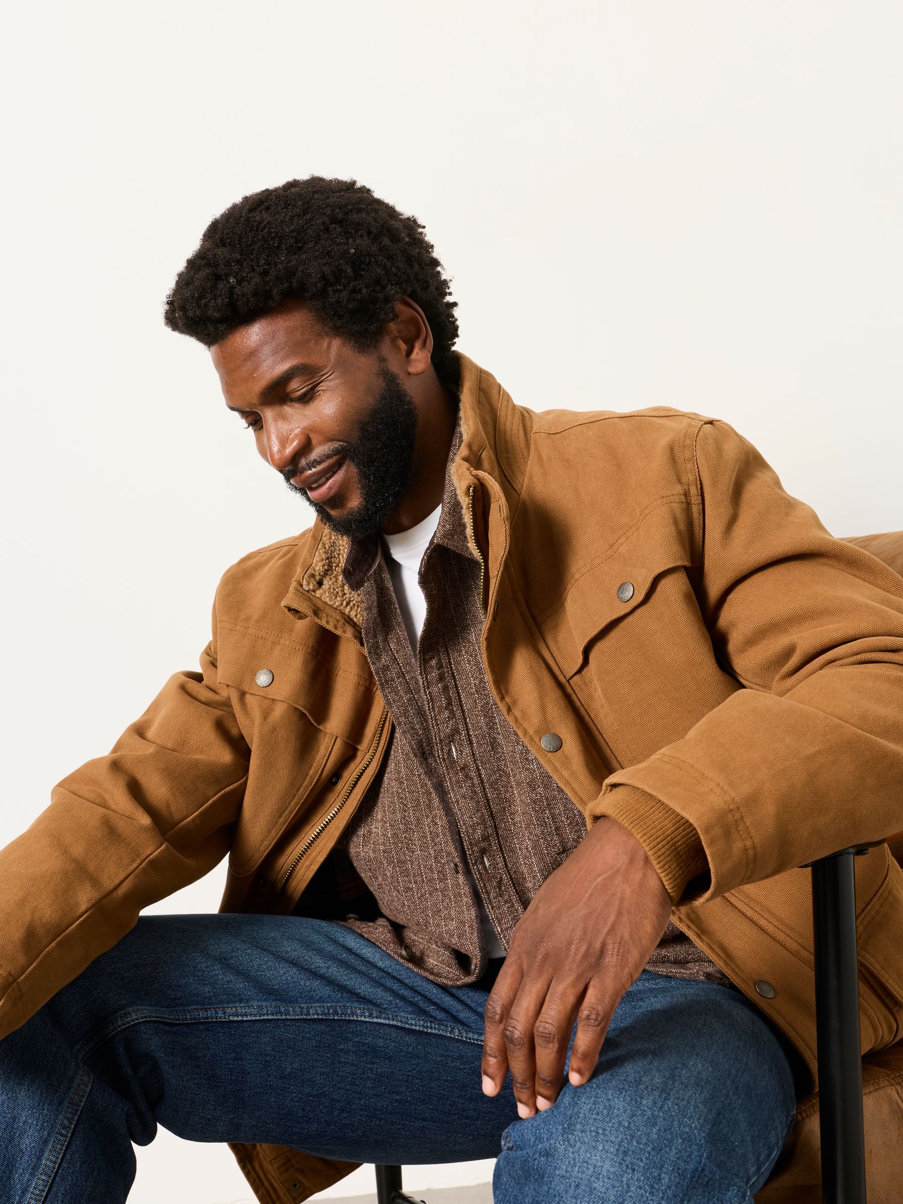 Long Sleeve Relaxed Fit Herringbone Stripe Brushed Shirt in Brown - Image 6 of 7