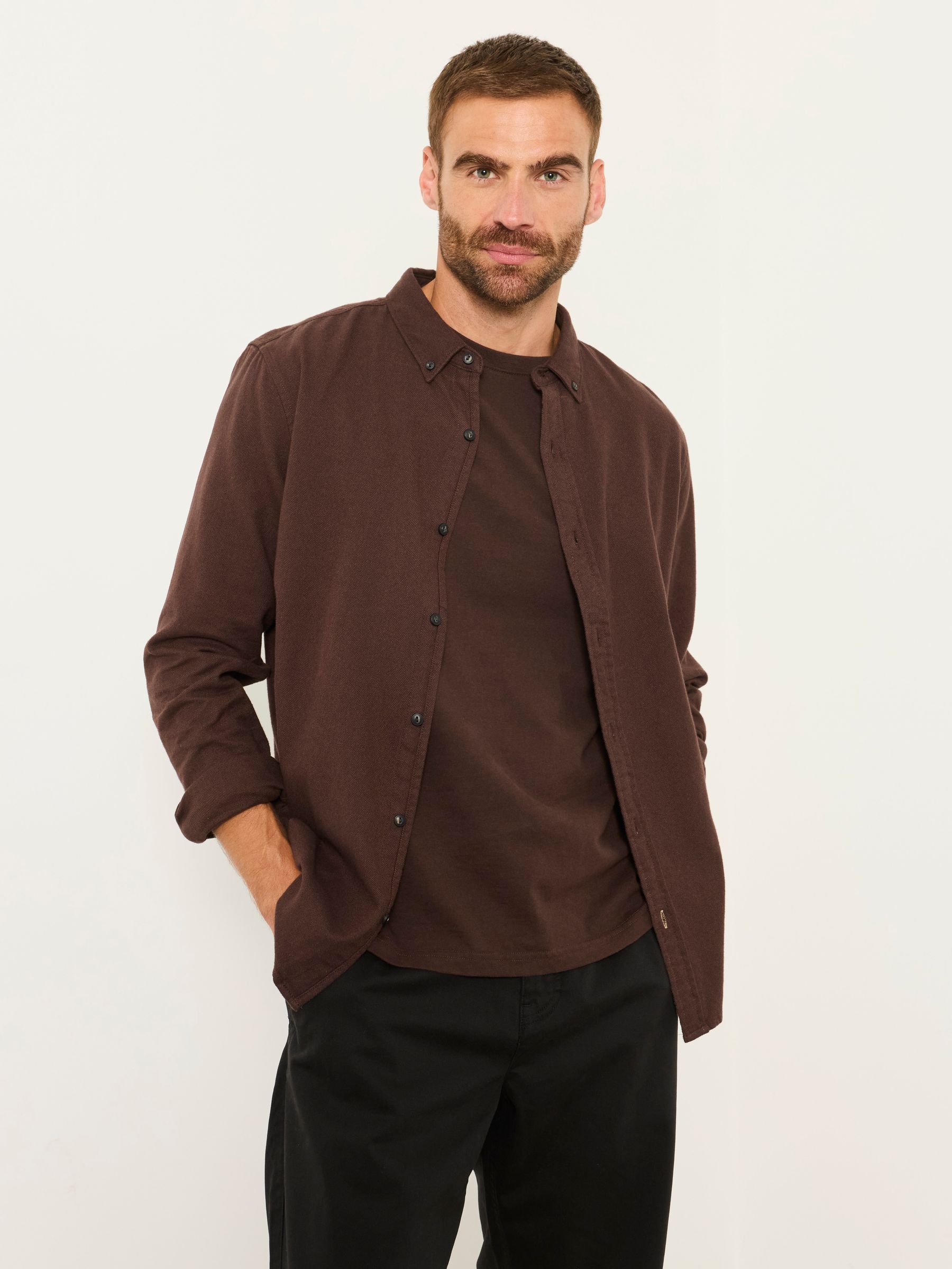 Tadwick Brown Long Sleeve Brushed Shirt - Image 1 of 6 Tadwick Brown Long Sleeve Brushed Shirt - Image 1 of 6