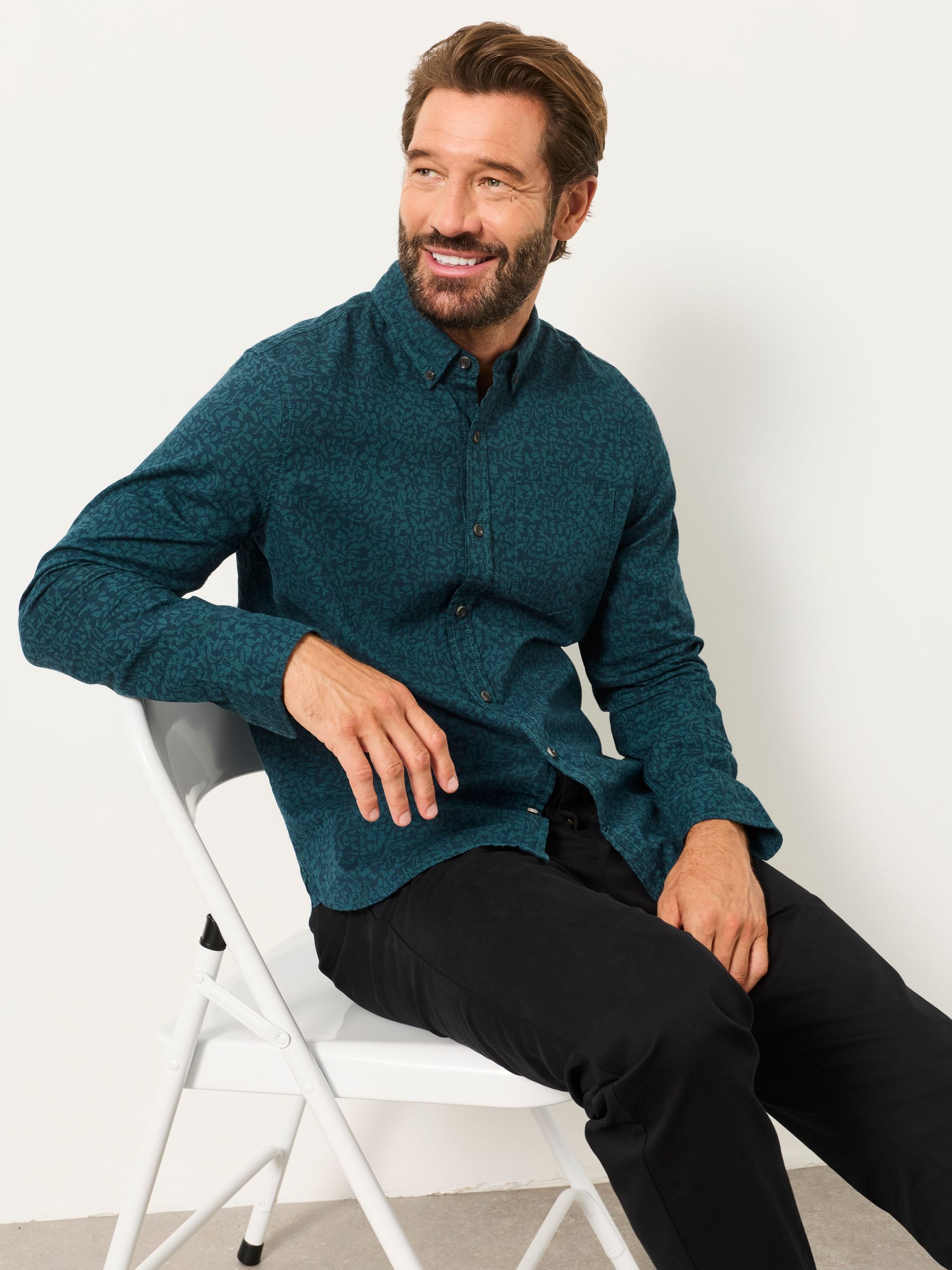 Teal Blue Long Sleeve Floral Print Shirt - Image 5 of 6
