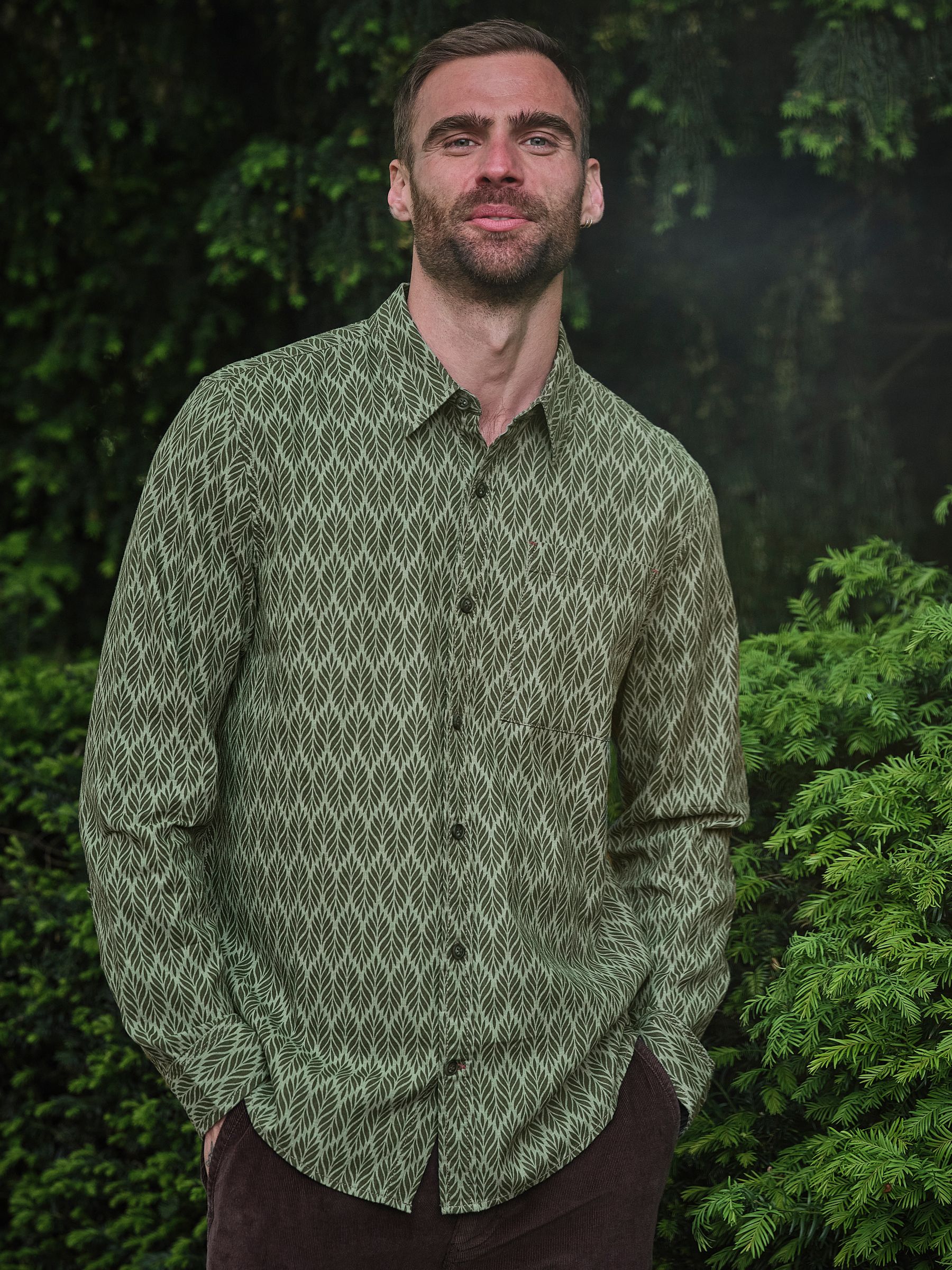 Dusky Green Long Sleeve Chambray Leaf Print Shirt - Image 1 of 5