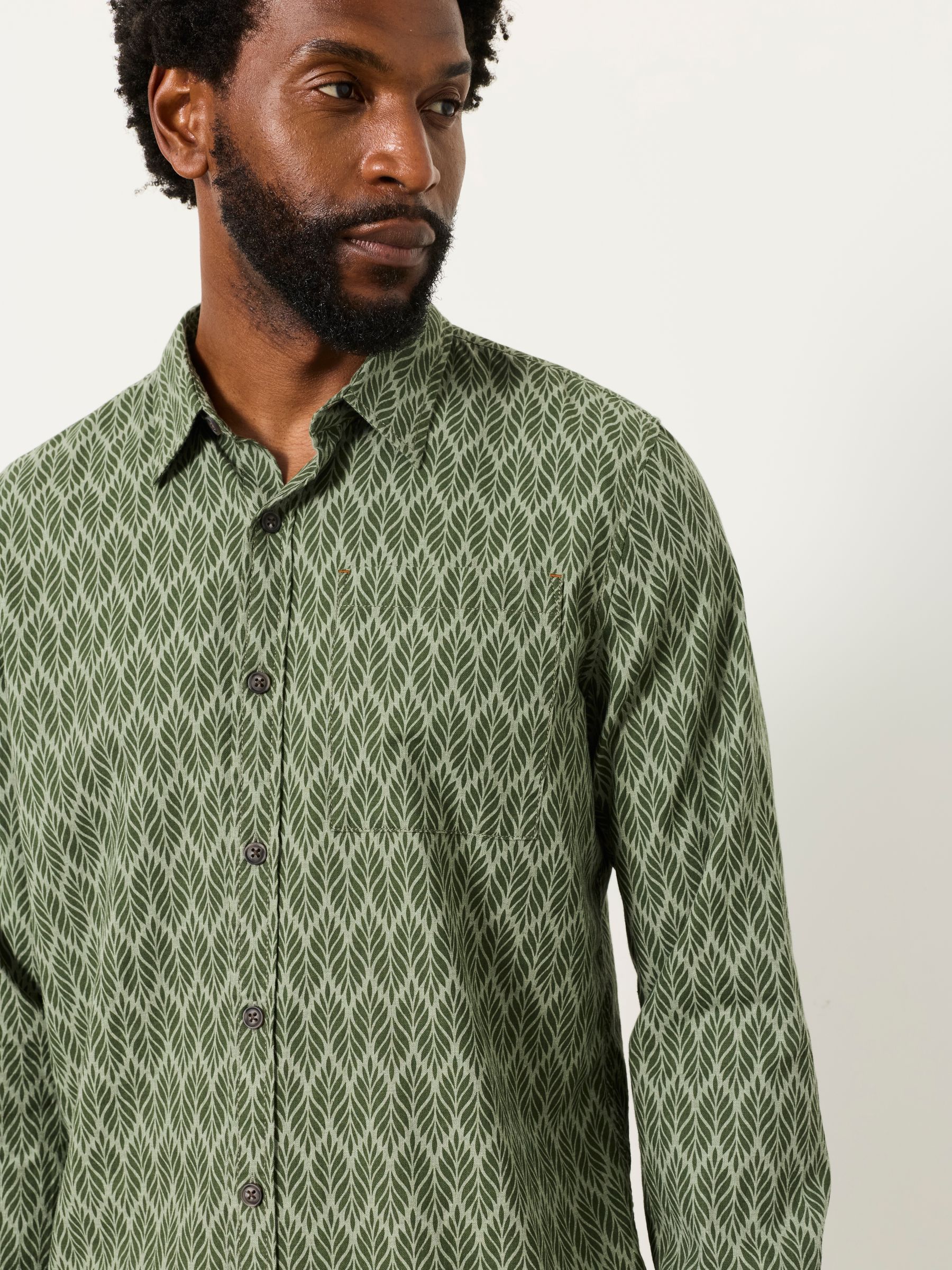 Dusky Green Long Sleeve Chambray Leaf Print Shirt - Image 4 of 5