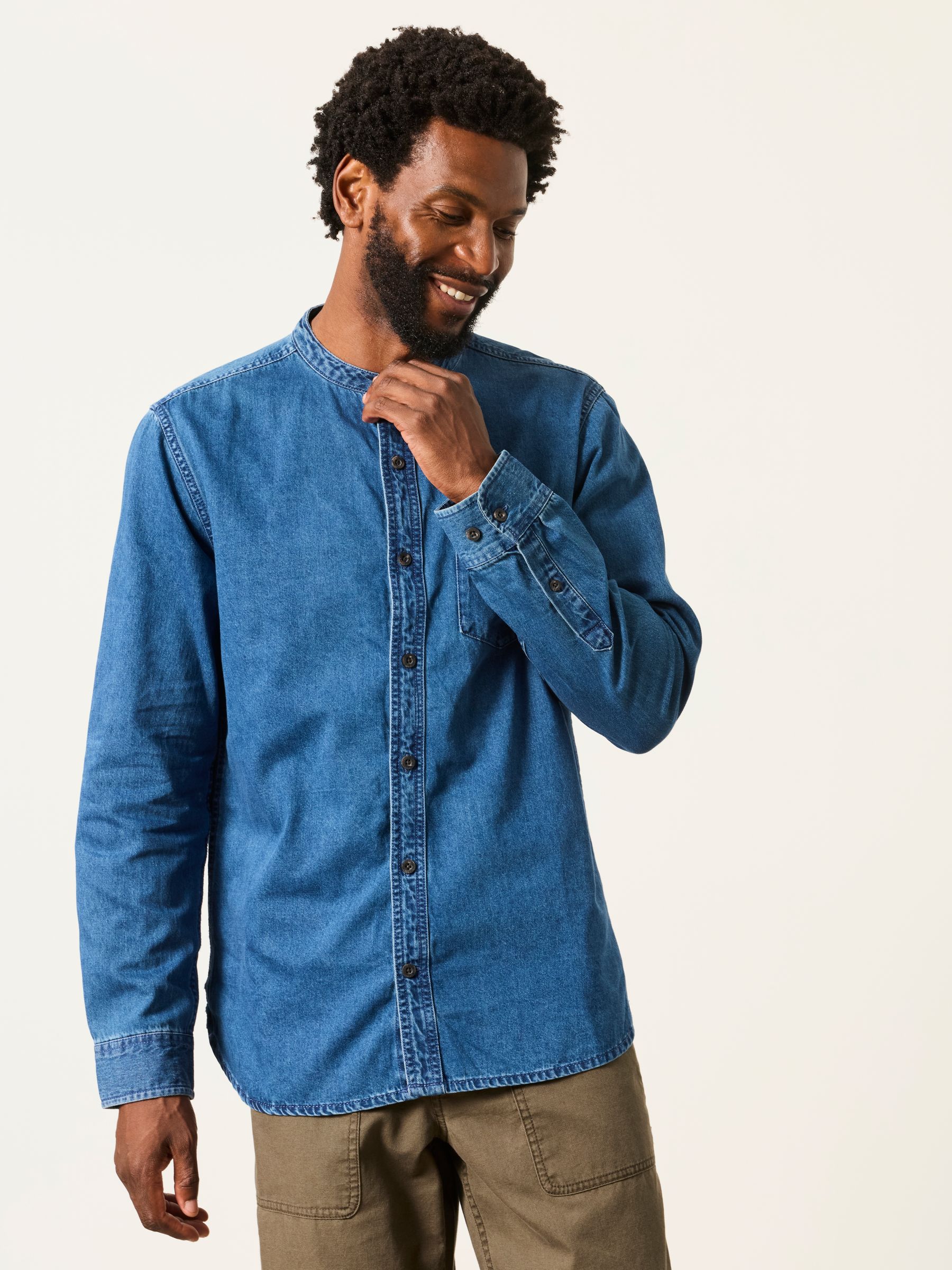 Dark Blue Long Sleeve Grandad Denim Shirt - Image 2 of 8 Dark Blue Long Sleeve Grandad Denim Shirt - Image 2 of 8