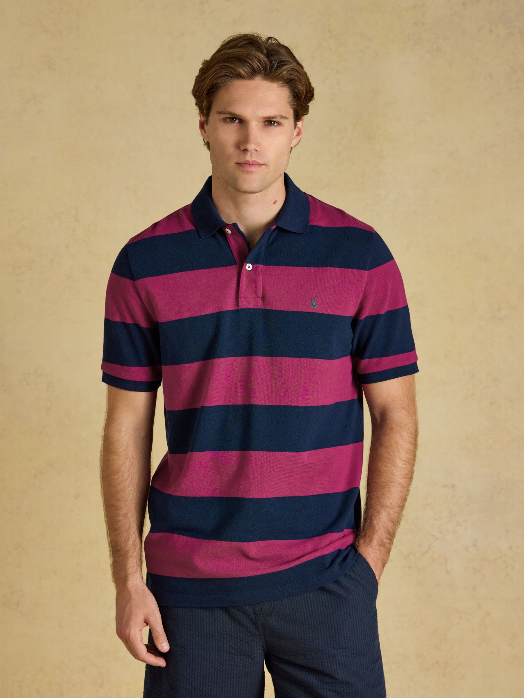 Woody Pink & Navy Striped Cotton Pique Polo Shirt - Image 1 of 8