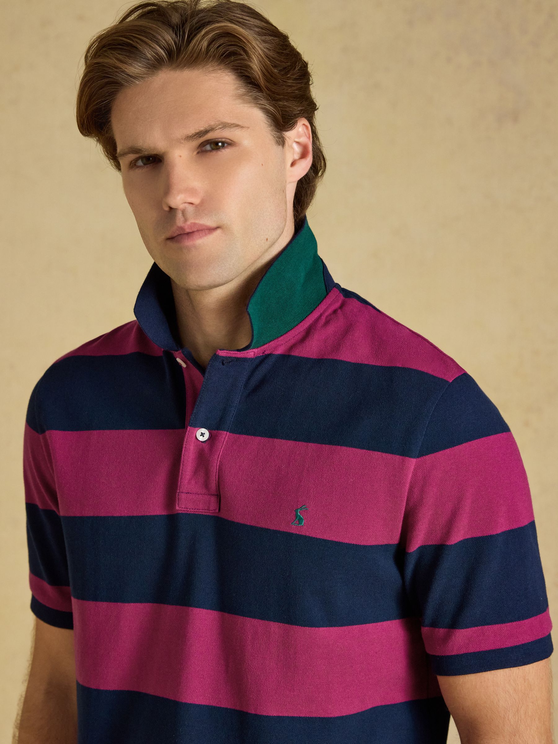 Woody Pink & Navy Striped Cotton Pique Polo Shirt - Image 4 of 8