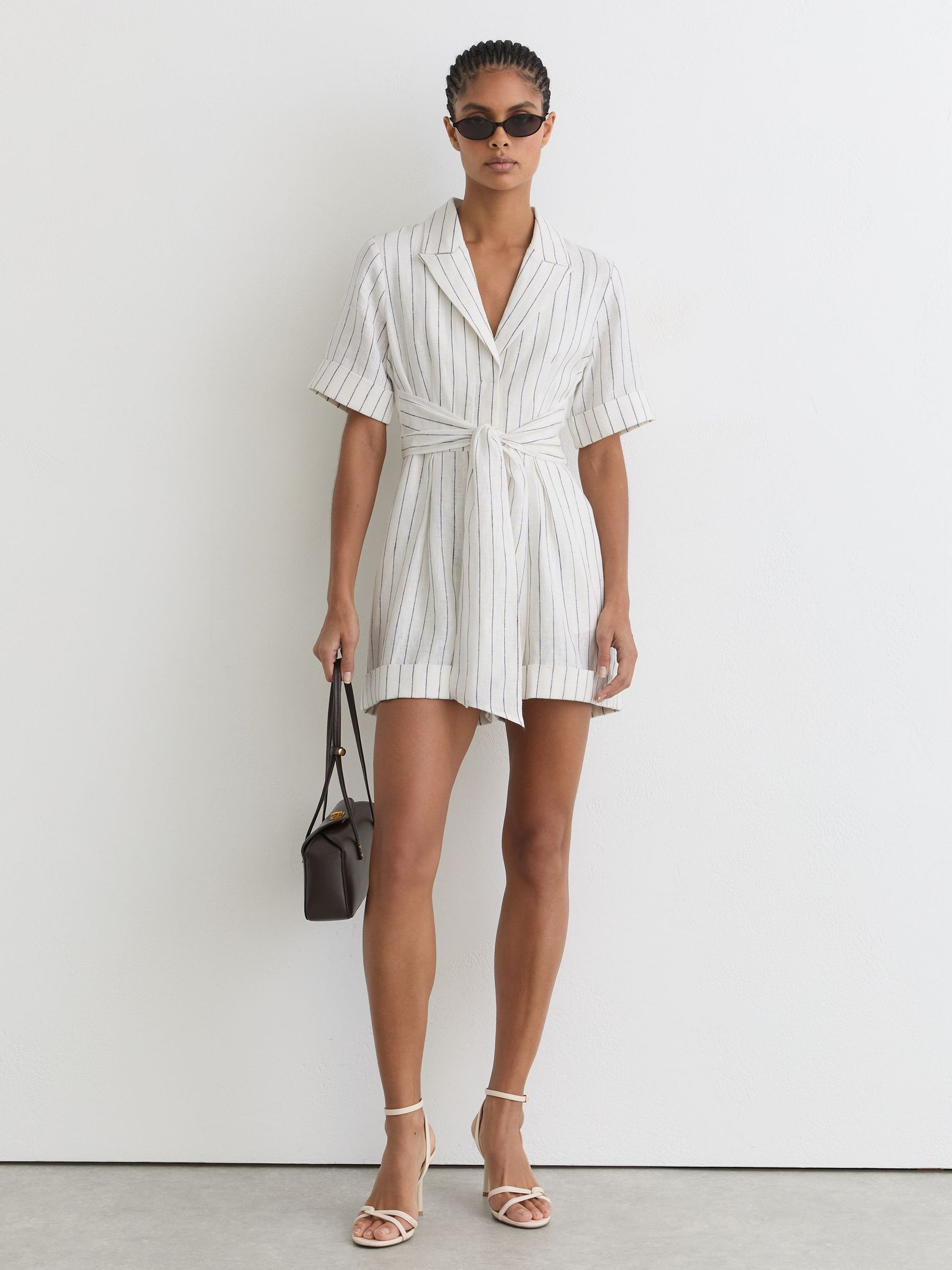 Linen Pinstripe Belted Playsuit in Ivory/Navy - image 2