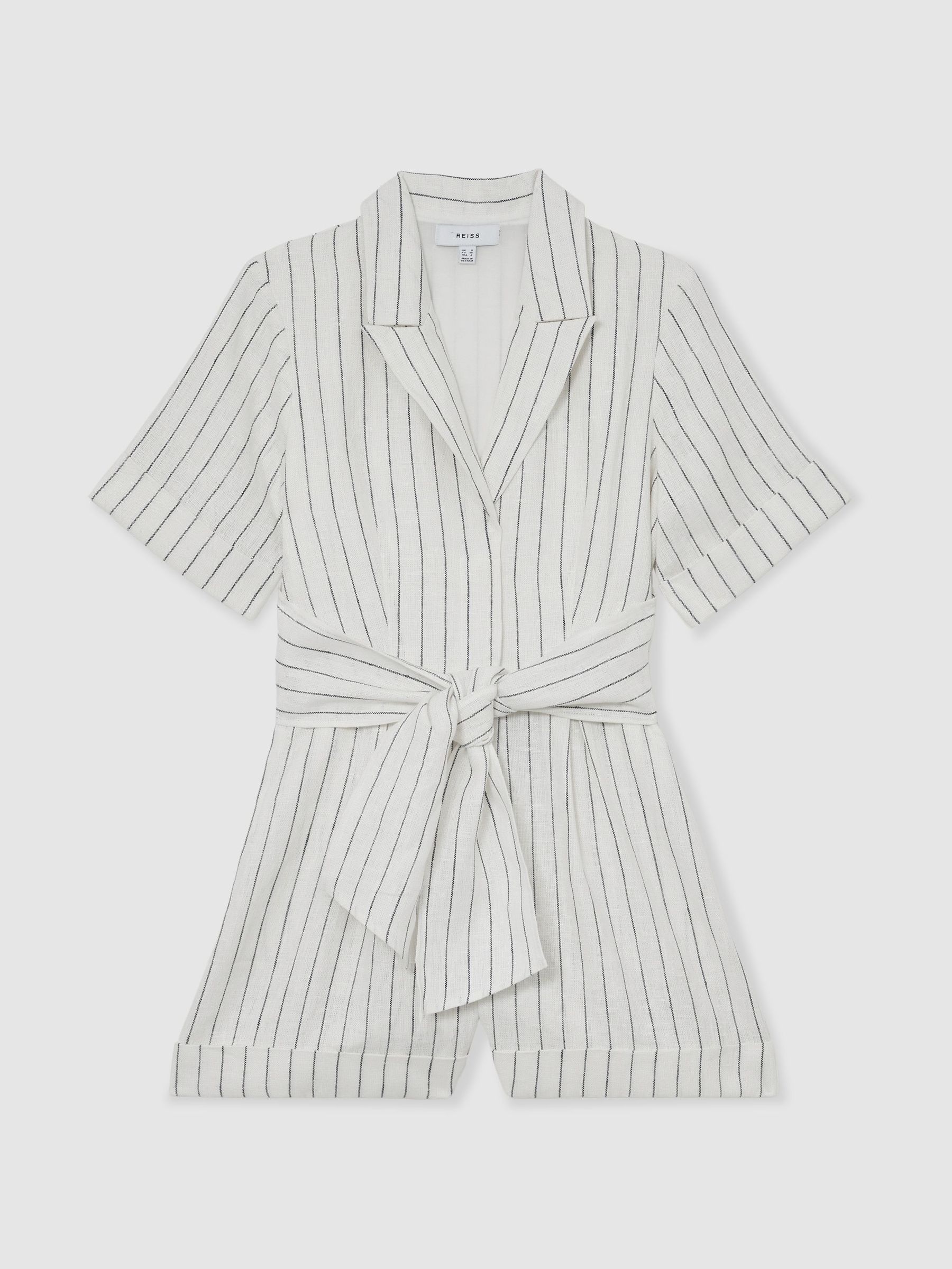 Linen Pinstripe Belted Playsuit in Ivory/Navy