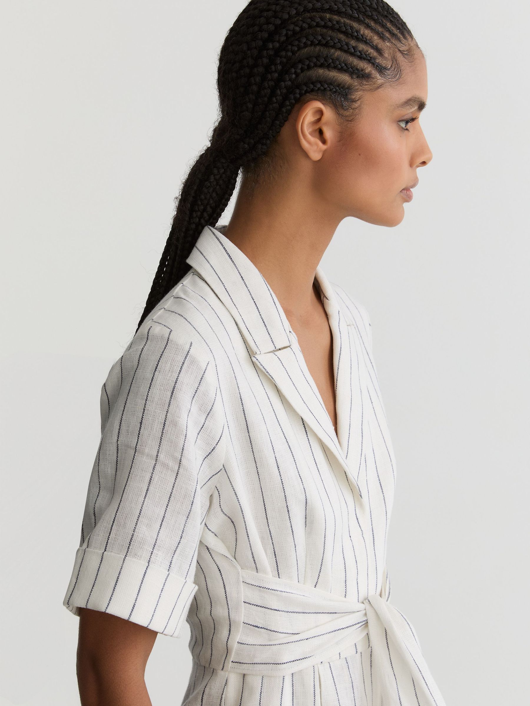 Linen Pinstripe Belted Playsuit in Ivory/Navy - image 4